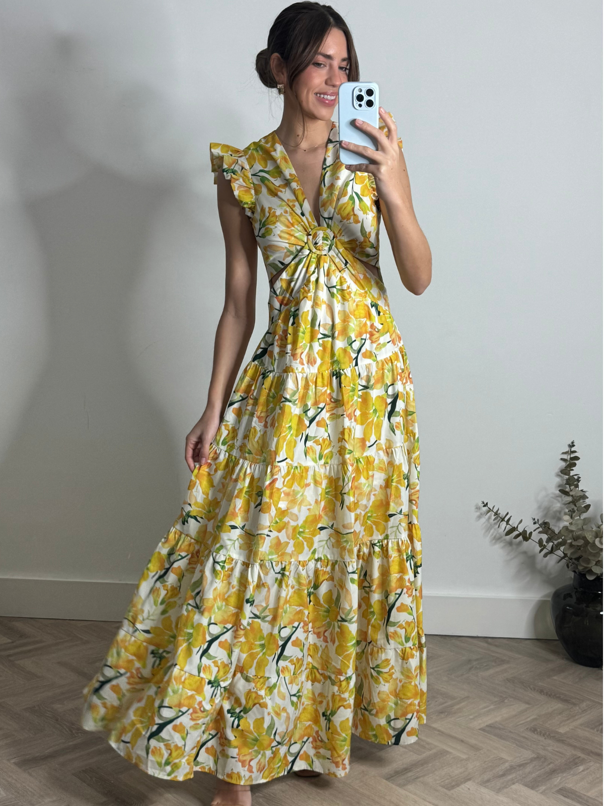 Indie Cut Out Frill Maxi Dress in Lemon Floral