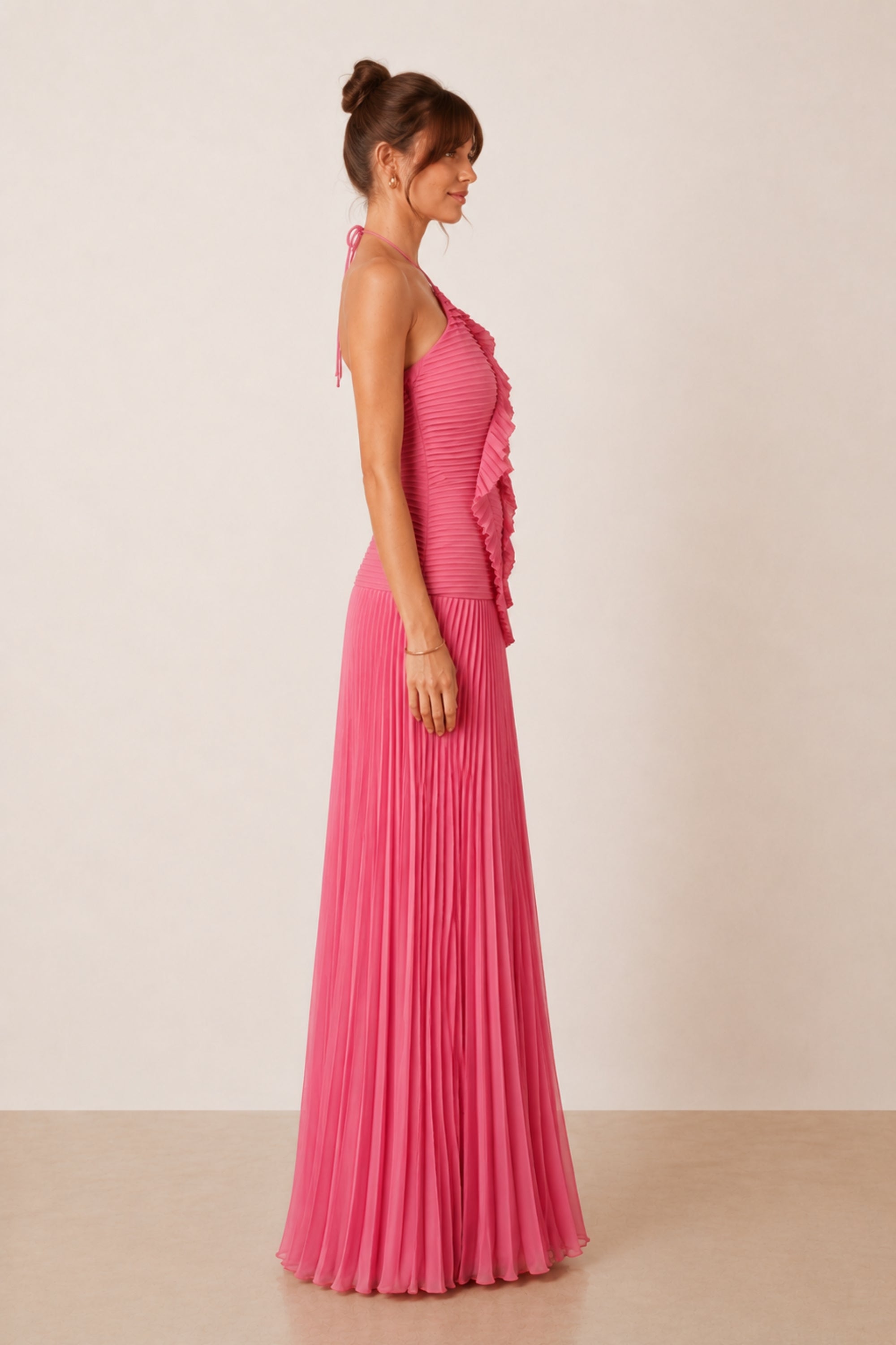 Pink Pleated Halter Maxi Dress