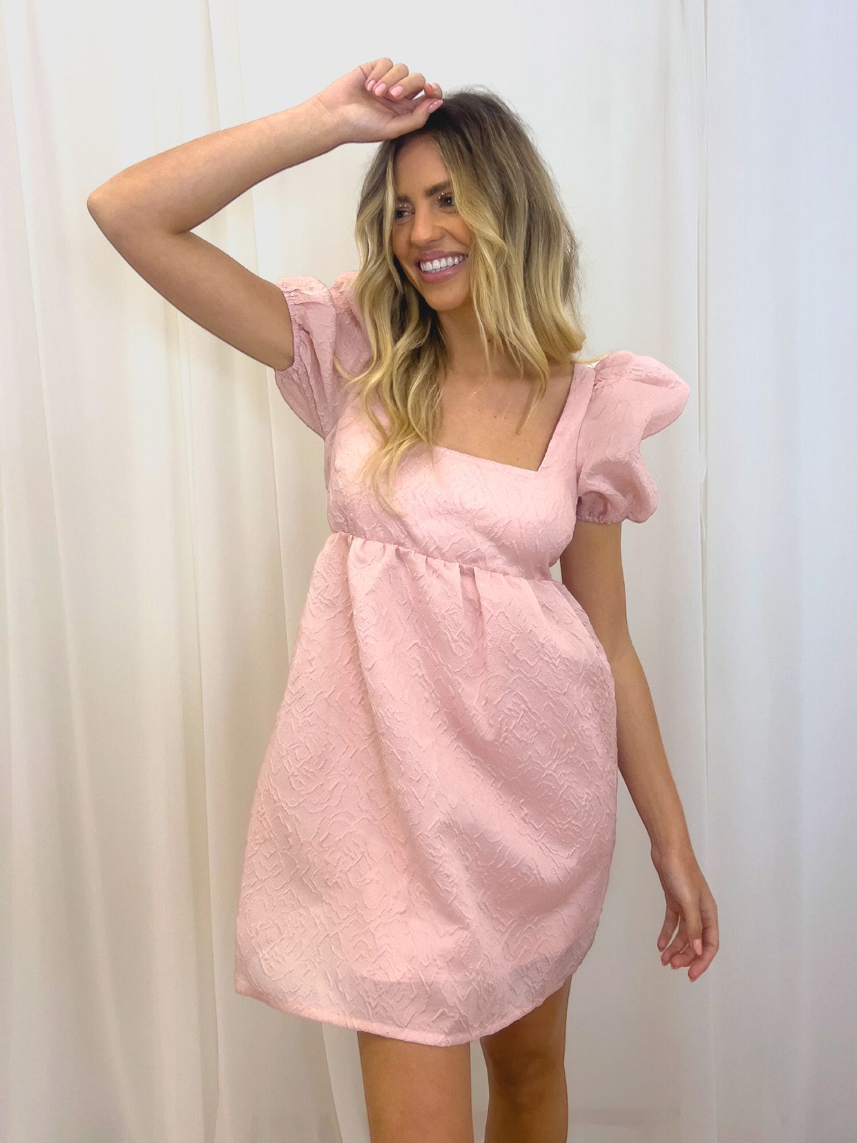 Delilah Jacquard Puff Mini Dress in Pink