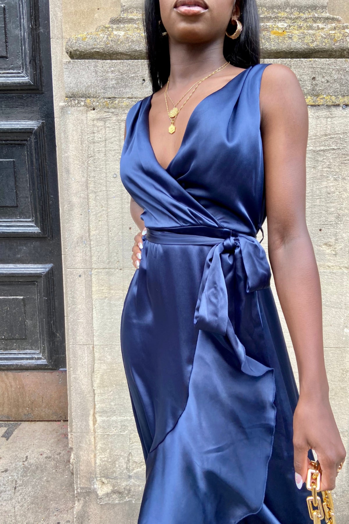 Orla Navy Satin Wrap Midi Dress