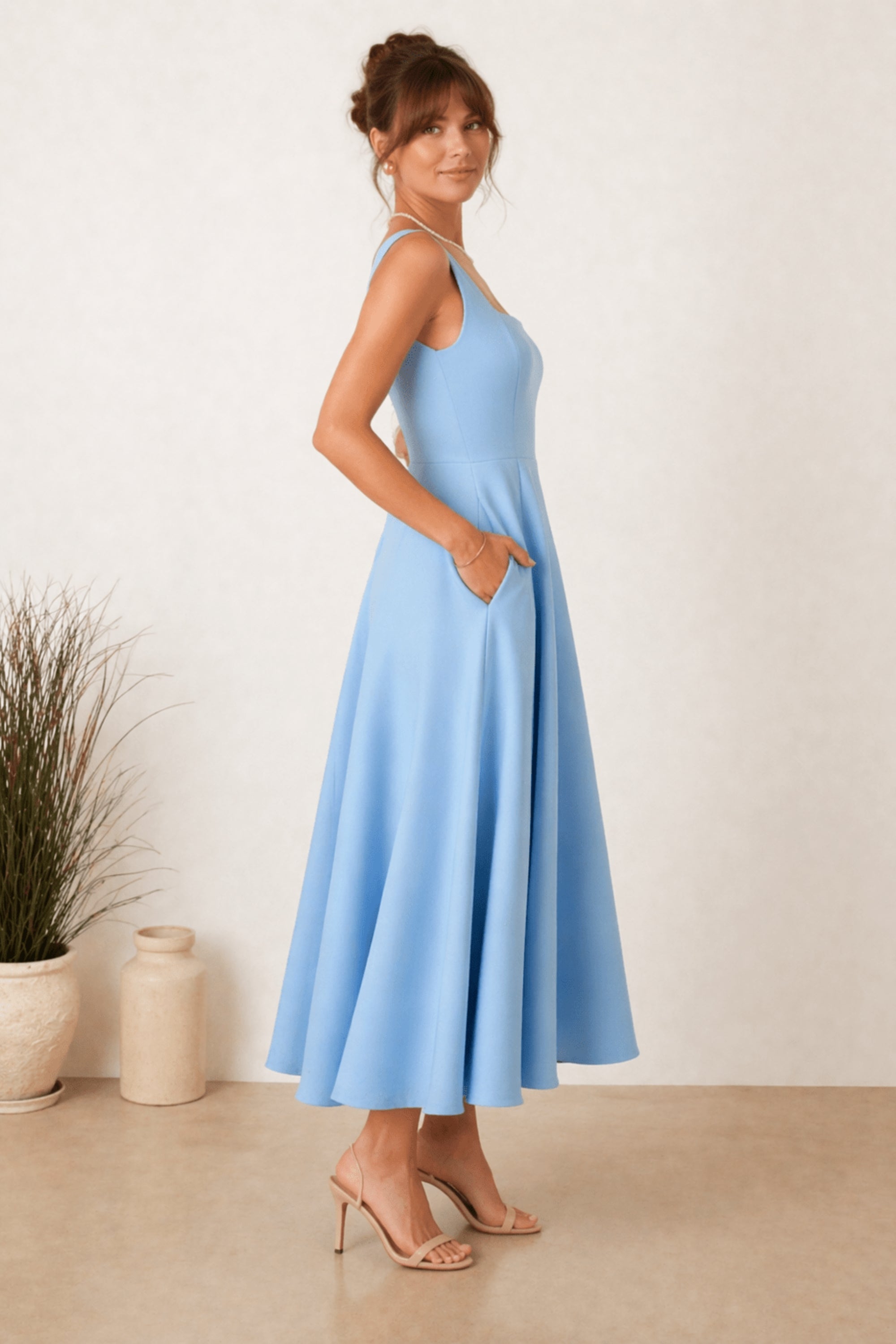 Fit and Flare Midi Dress in Blue