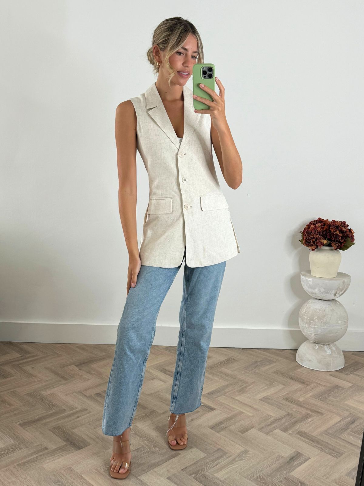 Linen Sleeveless Blazer | Claire Blazer in Neutral Linen