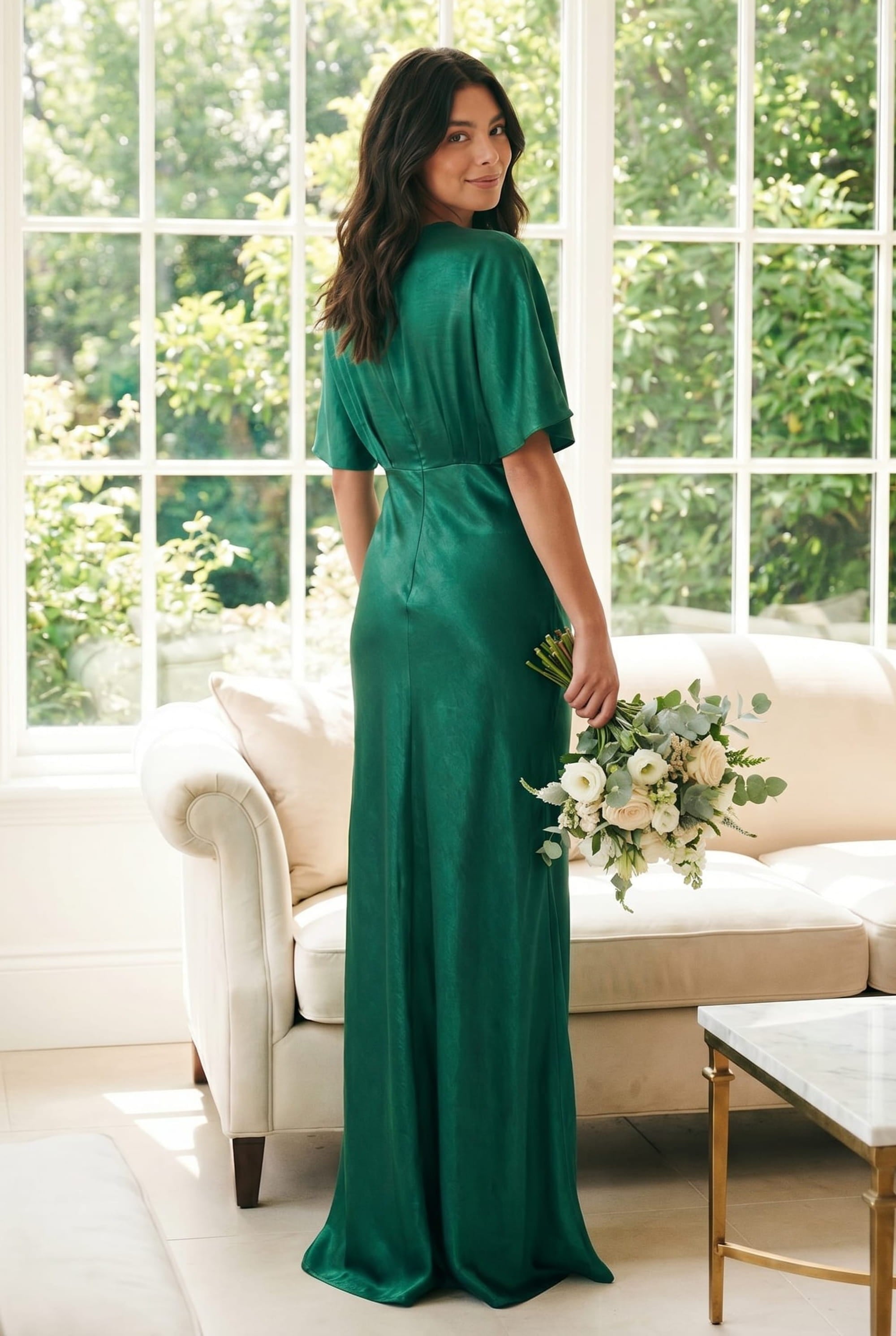 emerald green satin dress with sleeves Layla Emerald Green Satin Maxi Dress With Long Sleeves