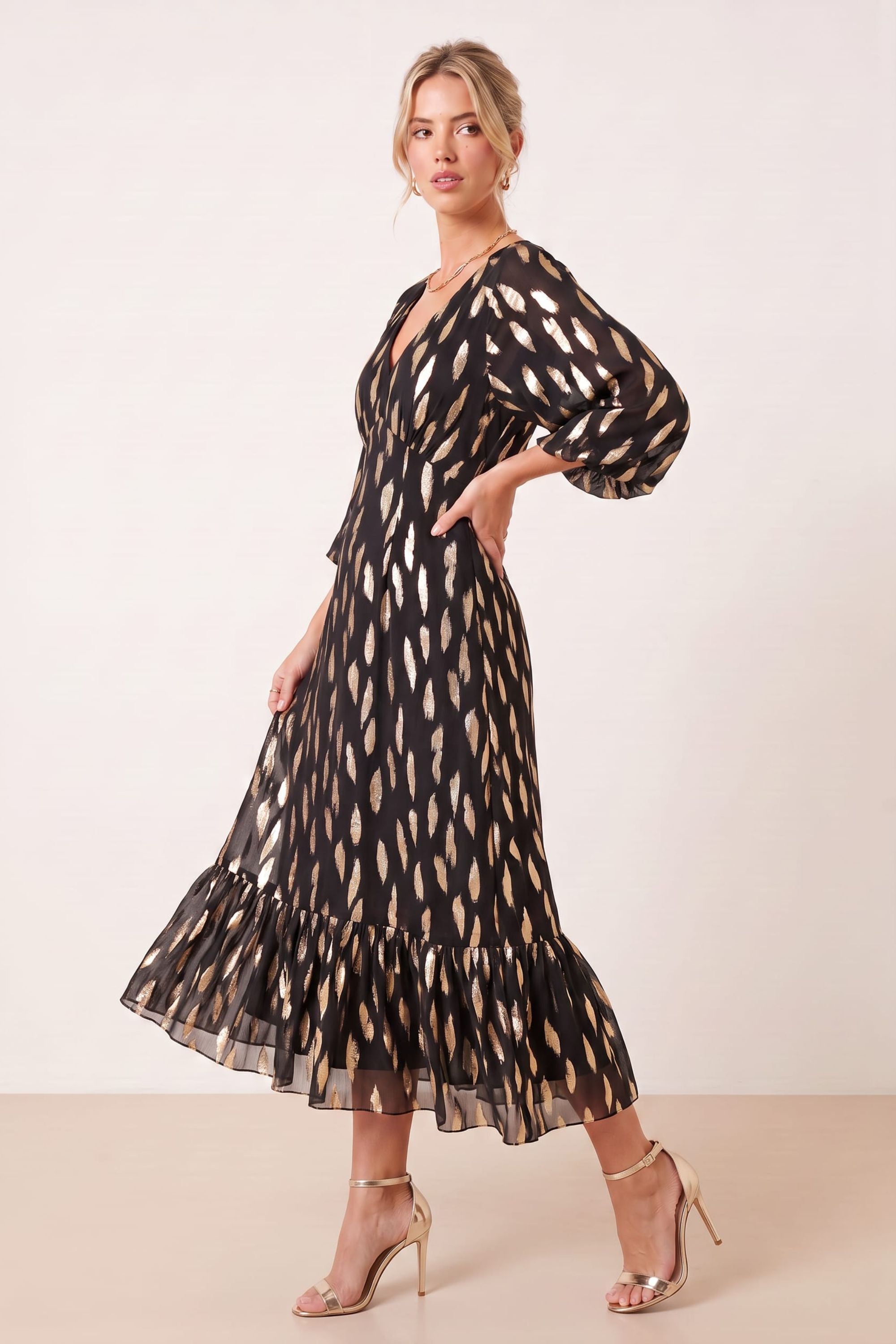 Gold Foil Midi Dress Black