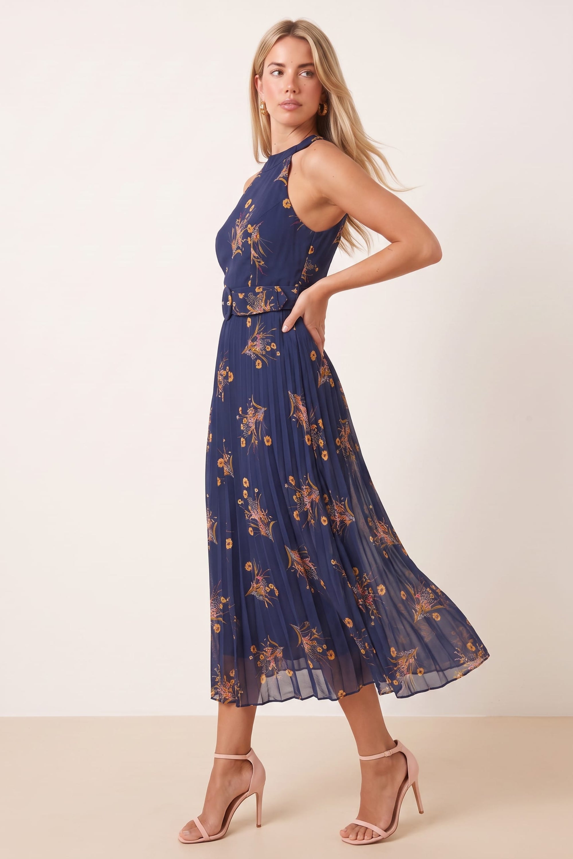 Luisa Belted Pleated Maxi Dress / Navy Floral Print