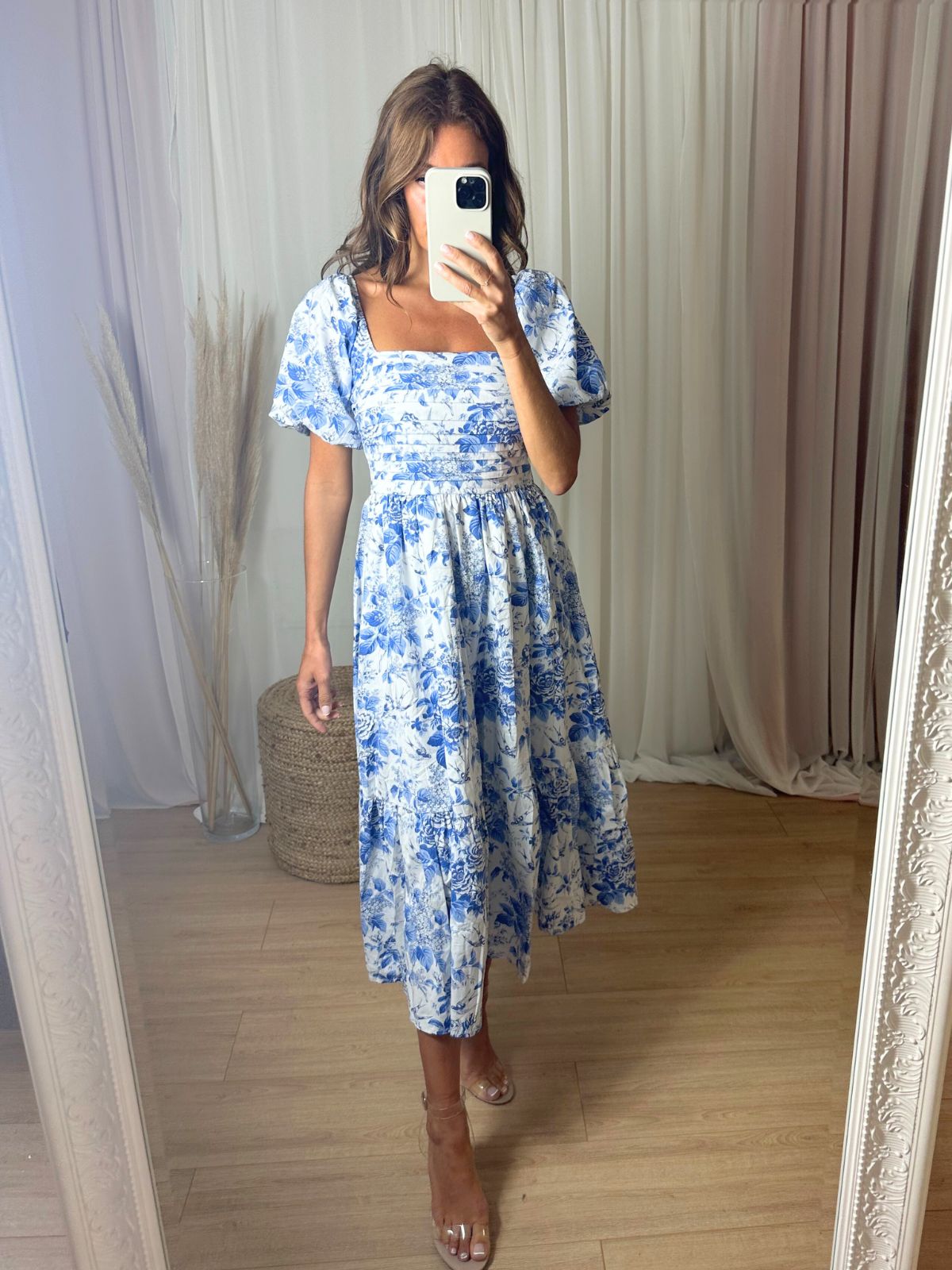 Leighton Puff Sleeve Midi Dress in Blue Floral
