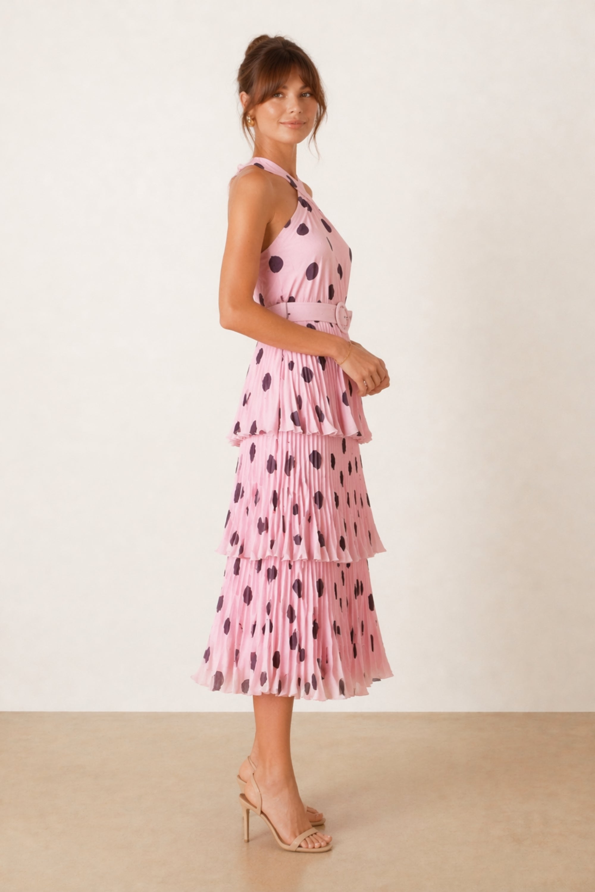 Paige Halter tiered Pleated Belted Dress / Pink Polka Dot