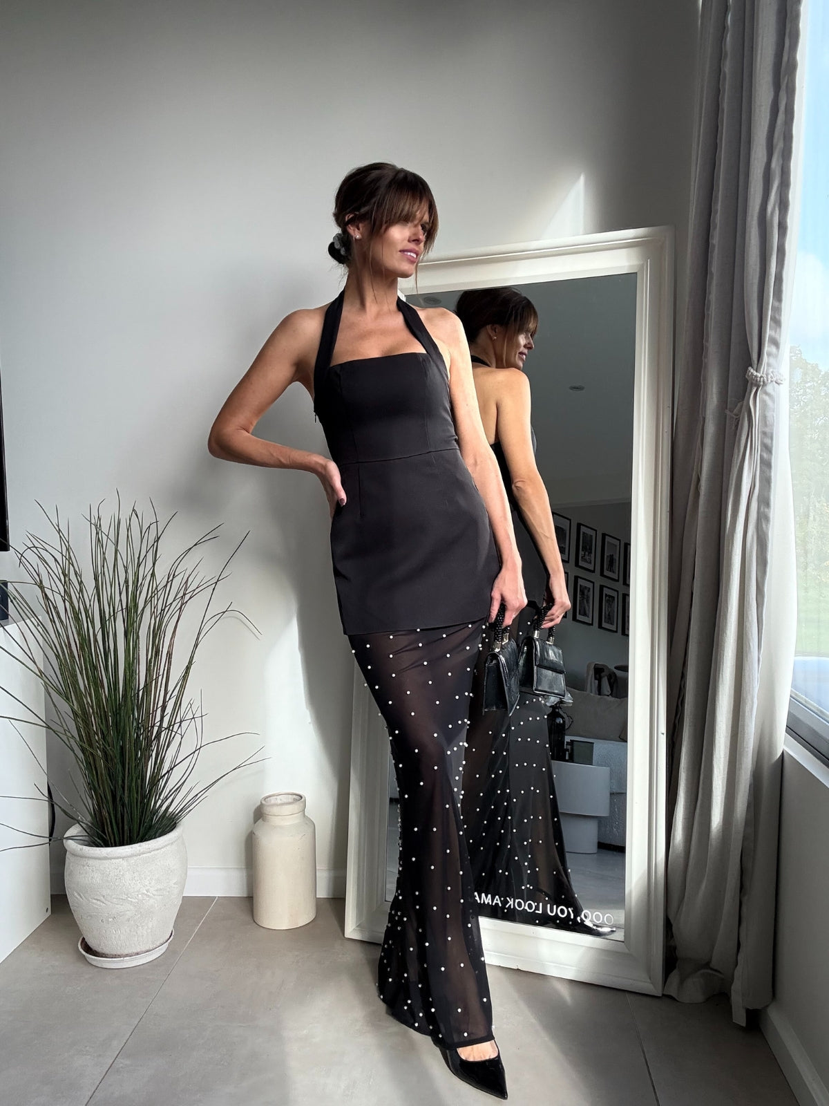 Halter Slip Pearl Dress in Black