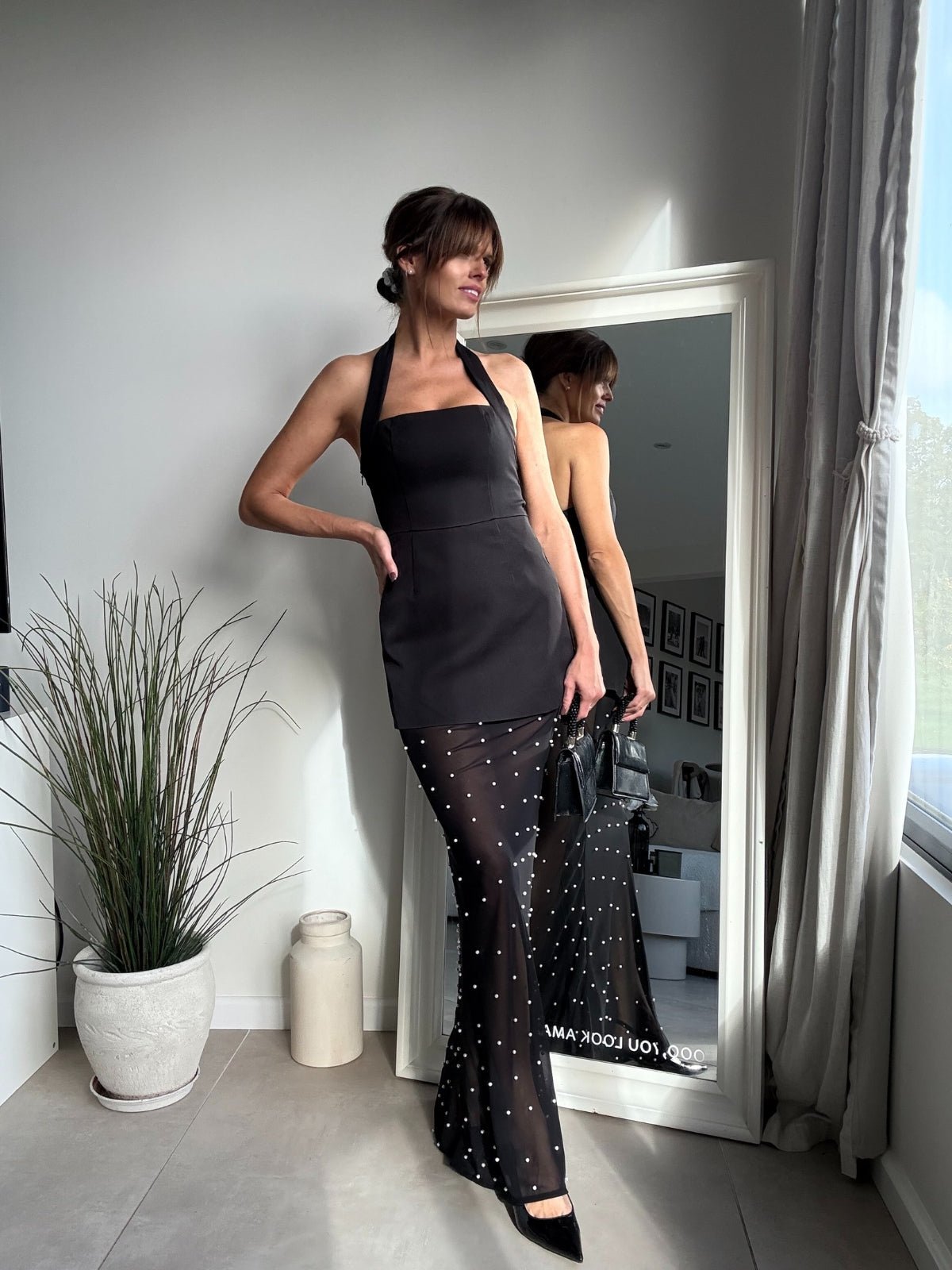 Halter Slip Pearl Dress in Black Style Cheat Halter Slip Pearl Dress in Black Style Cheat