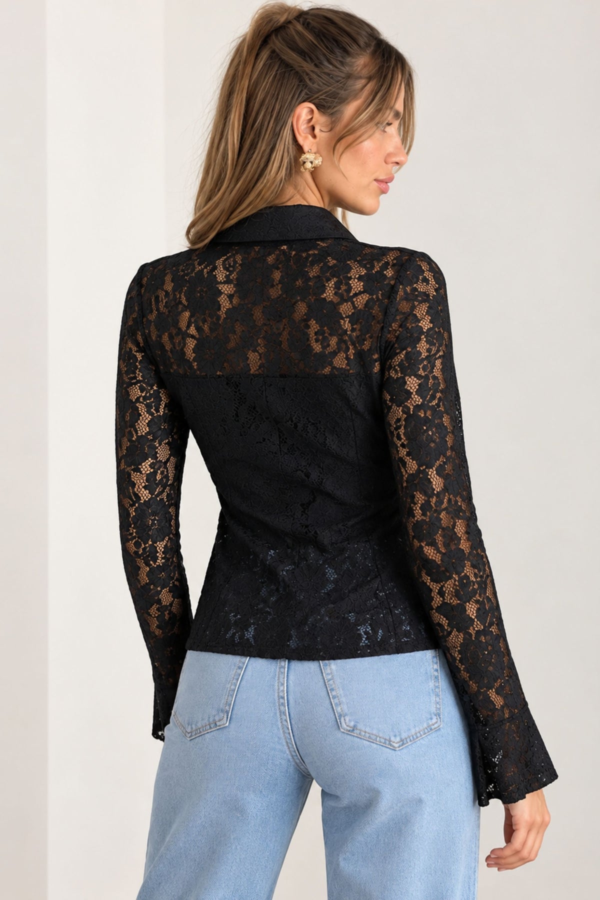 Lana Sheer Lace Shirt in Black