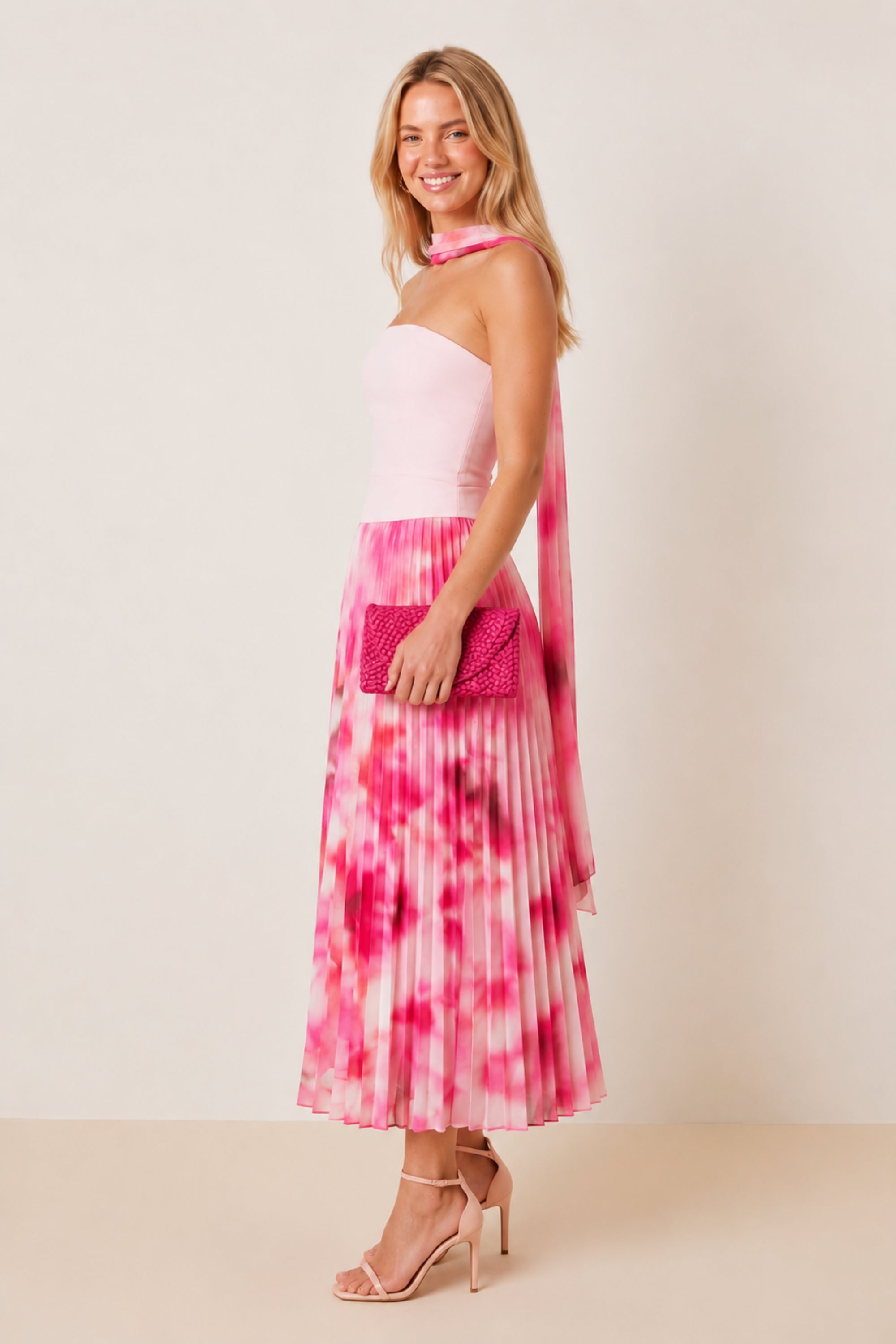 Viola Scarf Bandeau Pleat Dress in Pink