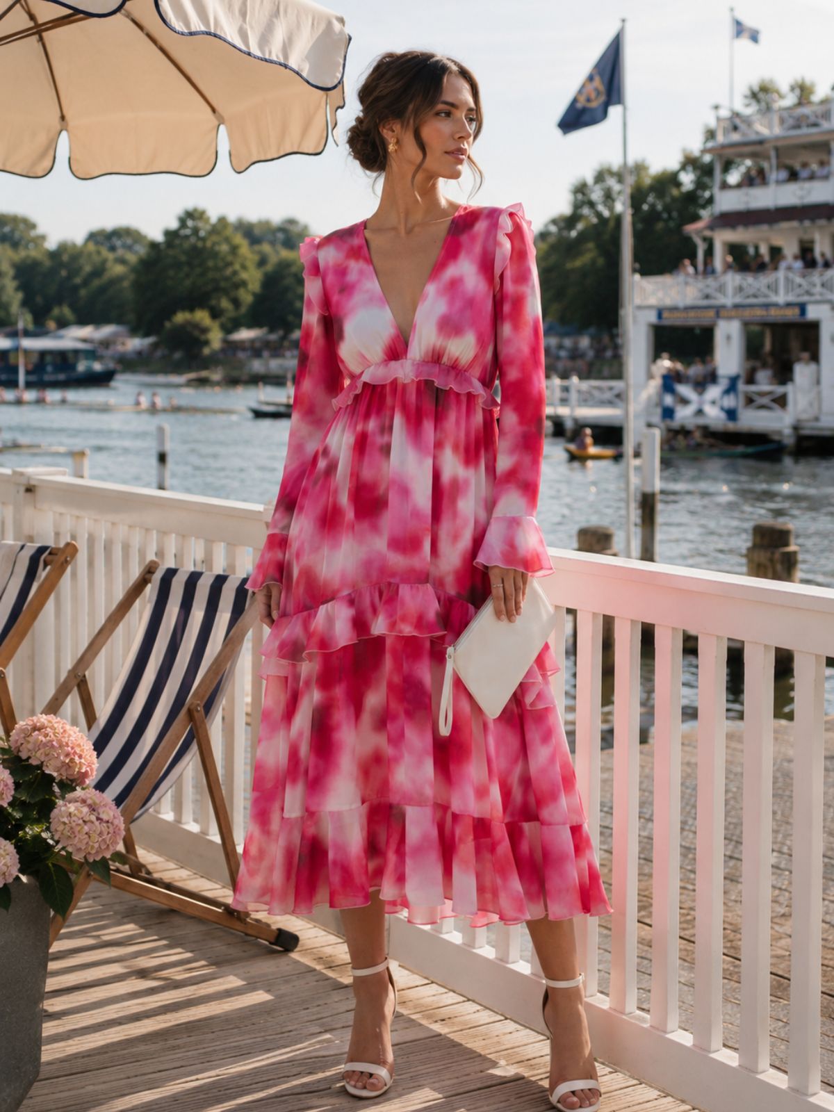 Birdie Frill Tie Back Dress / Pink Abstract