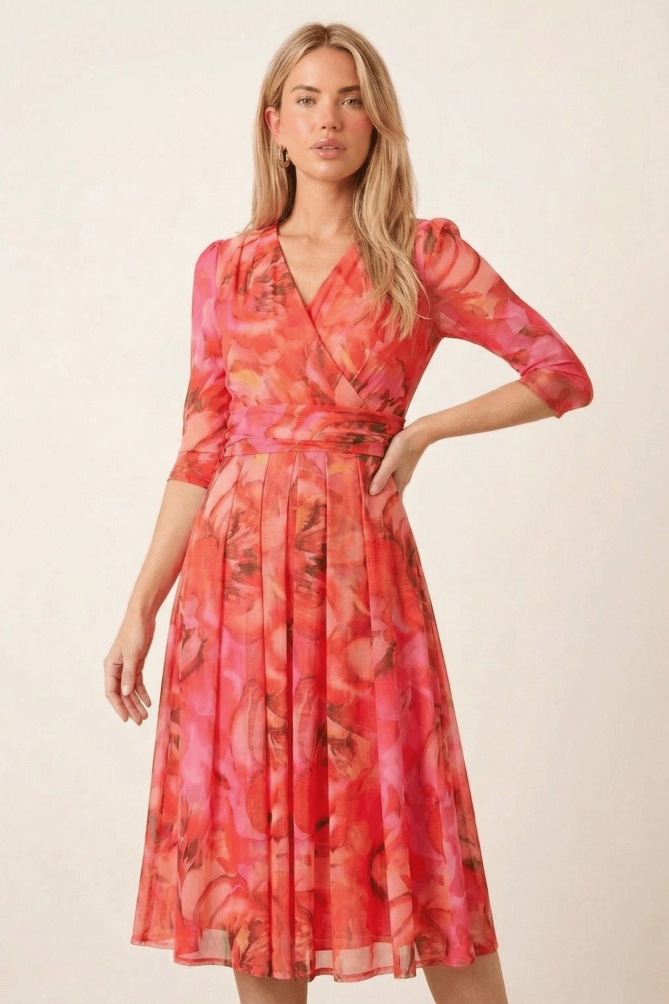 Printed Long sleeve Pink Mesh Wrap Midi Dress - Style Cheat
