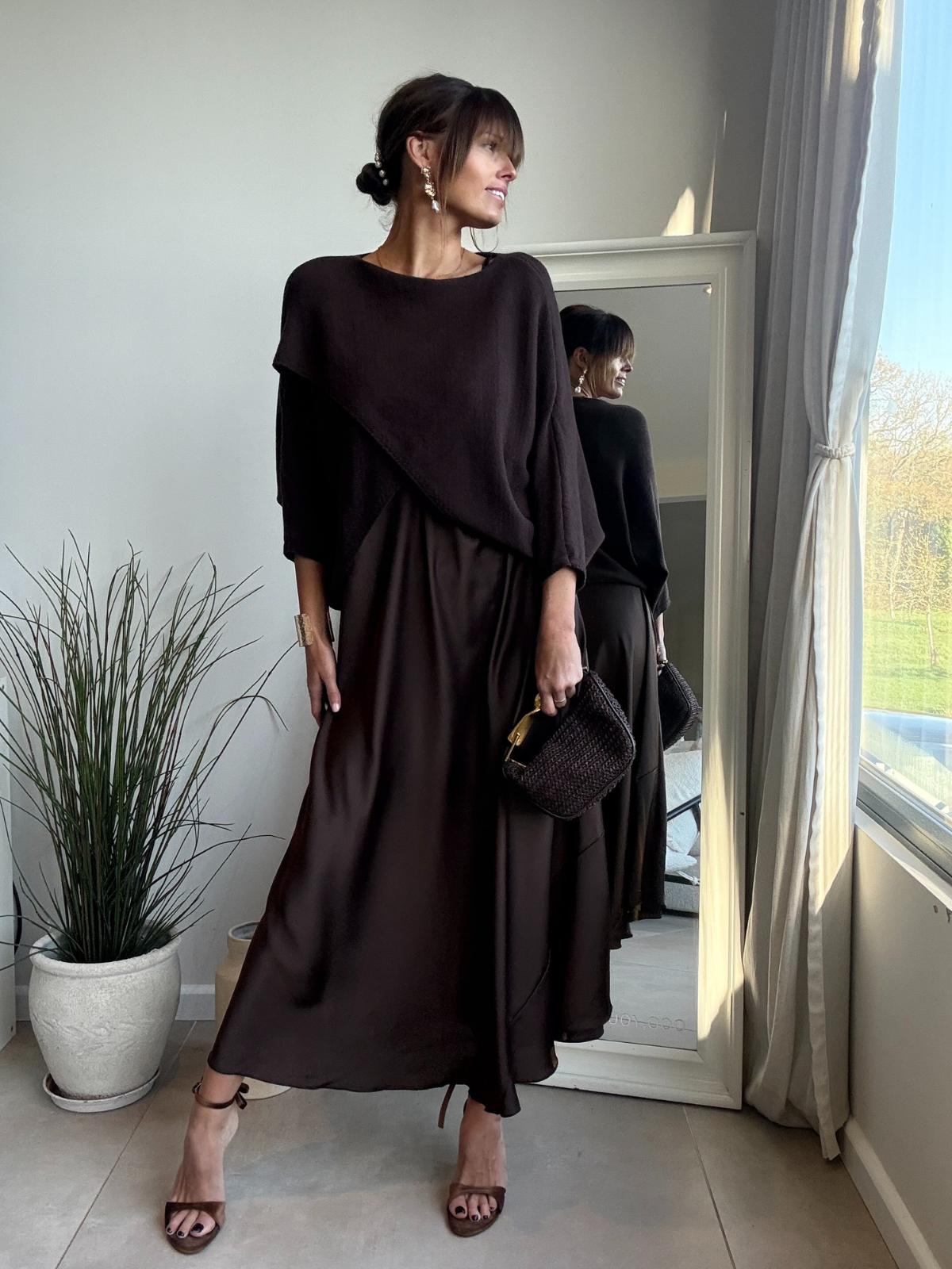 2 in 1 Knitted Cross Front Satin Maxi Dress in Chocolate Brown