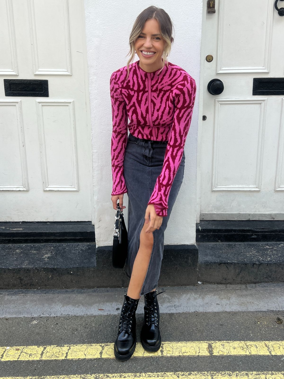 Zaria Zebra Jacquard High Neck Top / Pink