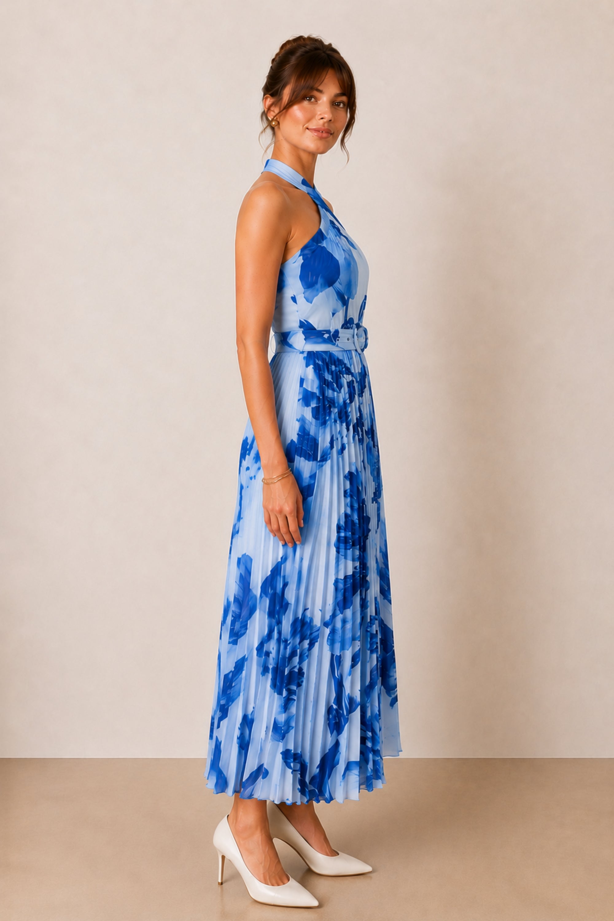Paige Halter Pleated Belted Dress / Blue Floral