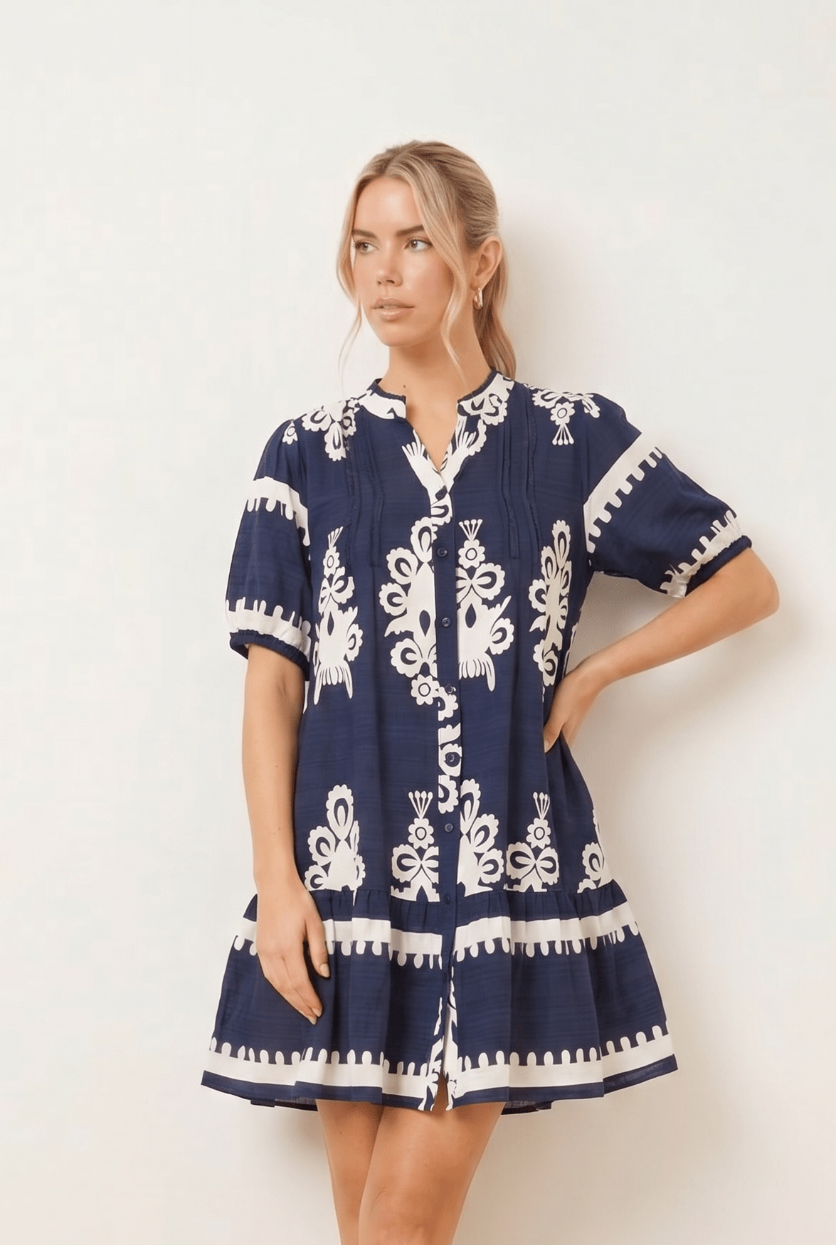 Navy and White Placement Print Mini Dress - Style Cheat