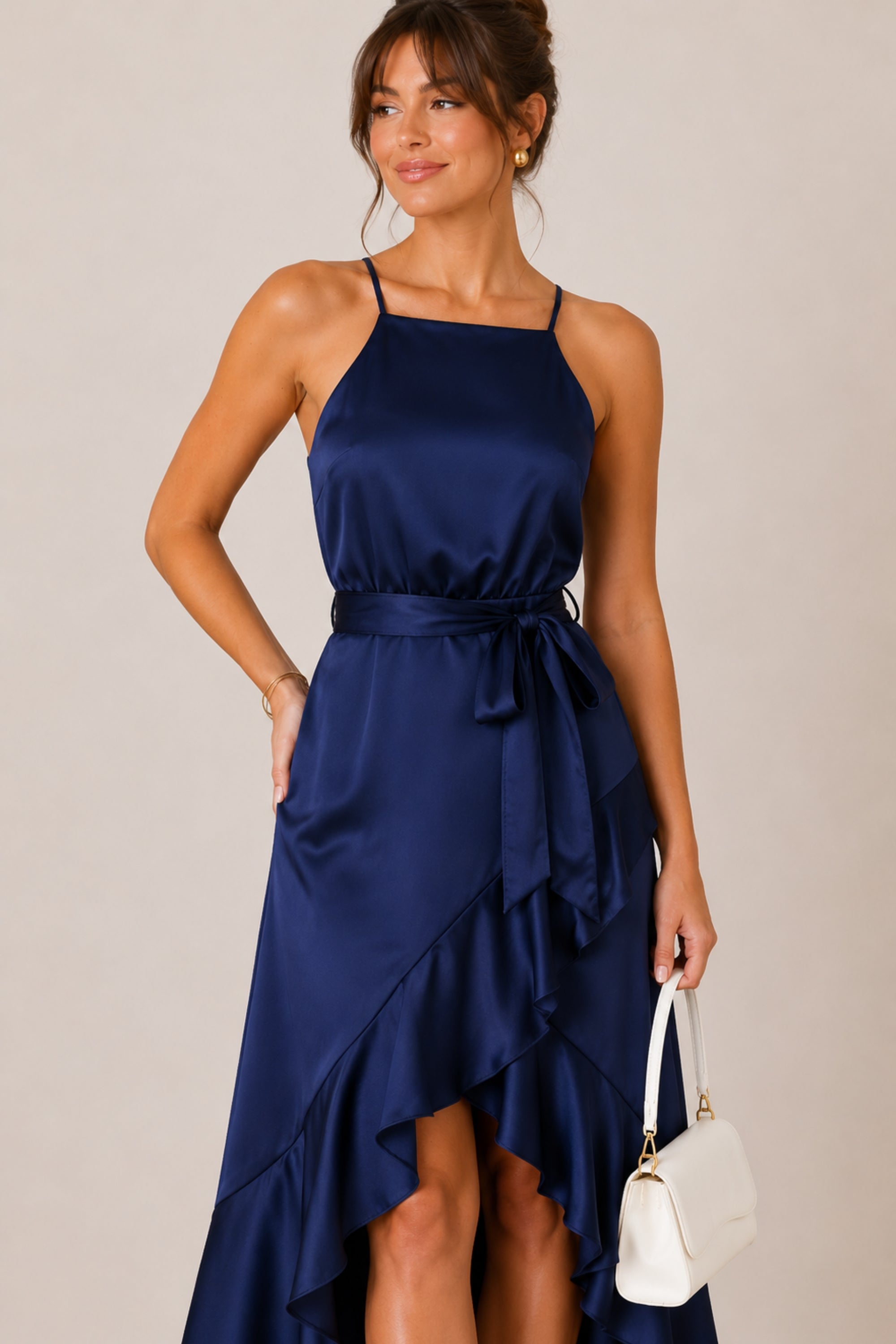 Halter Frill Satin Midi Dress / Navy