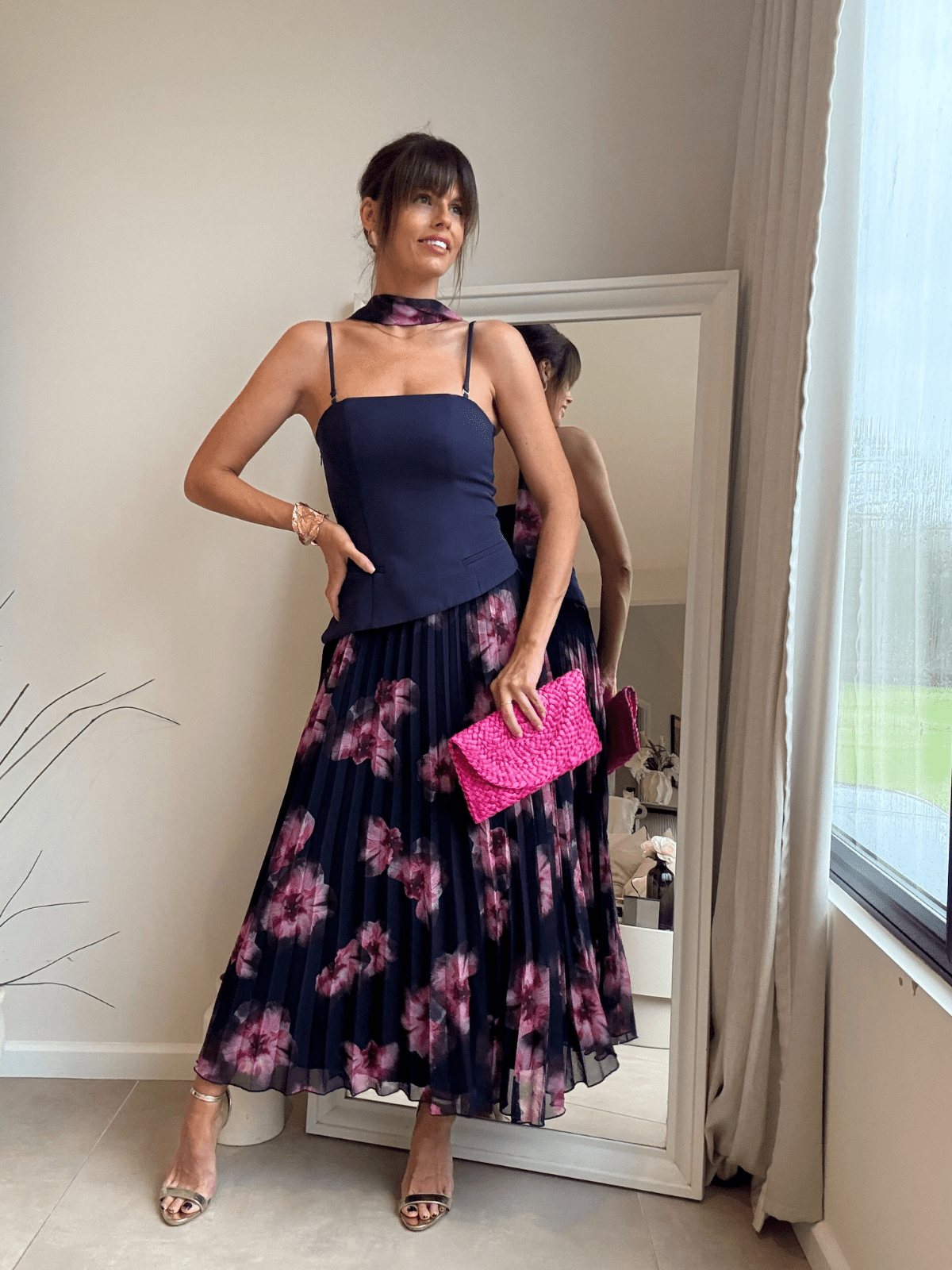 Viola Scarf Bandeau Pleat Dress in Navy