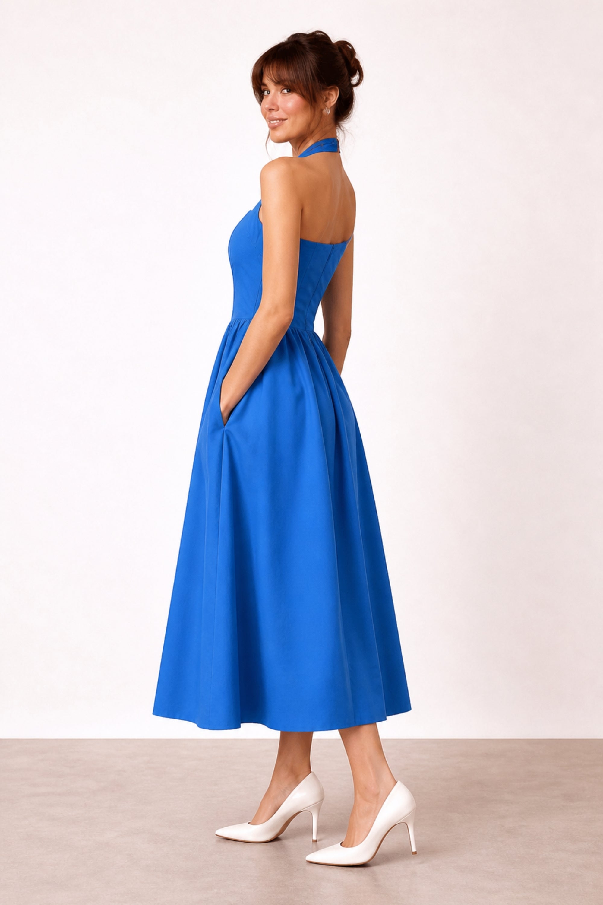 Elsie Cotton Halter Midi fit and Flair Dress in Blue Style Cheat Elsie Cotton Halter Midi fit and Flair Dress in Blue Style Cheat