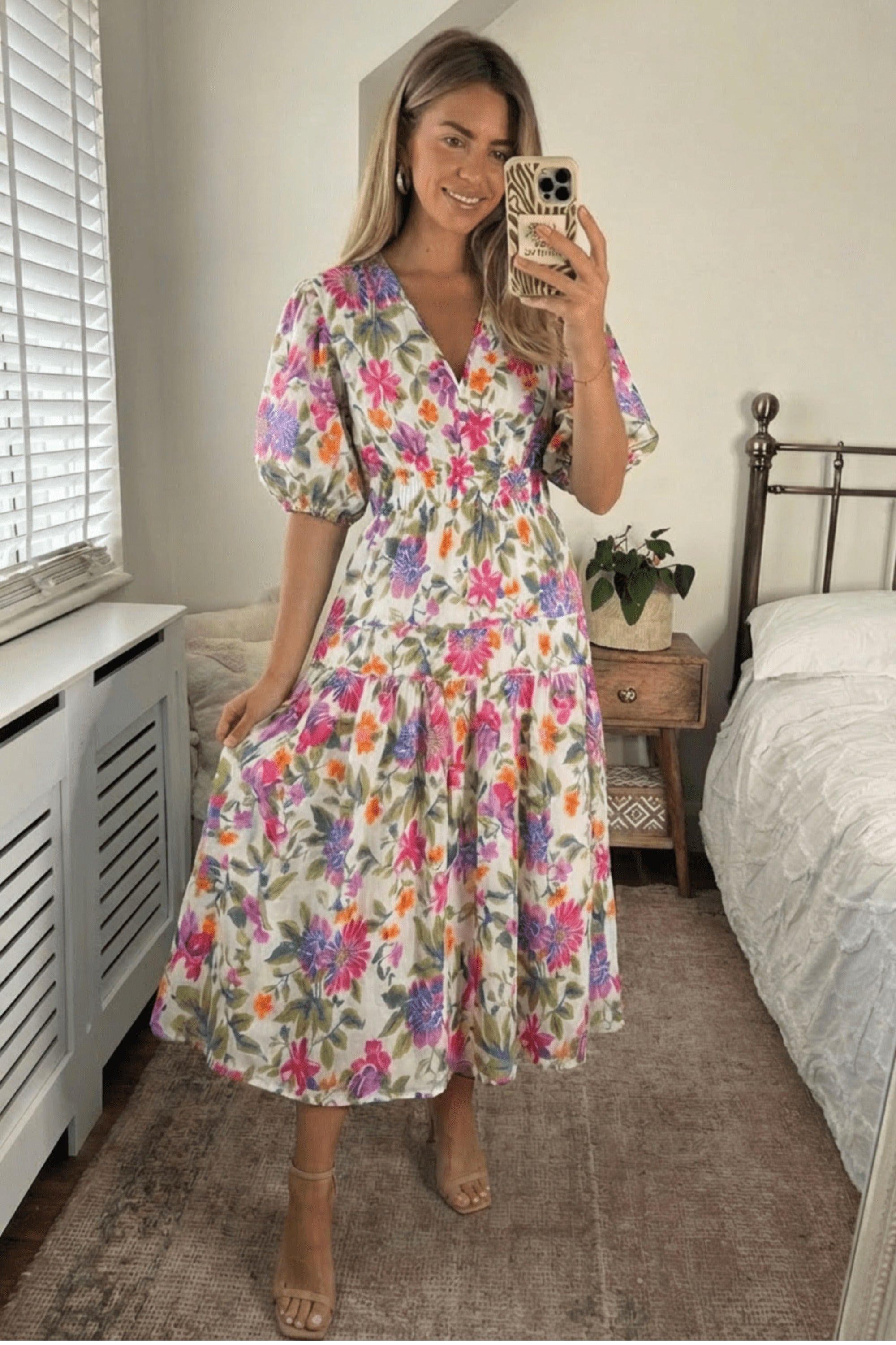 Puff Sleeve V Neck Midi Dress - Style Cheat