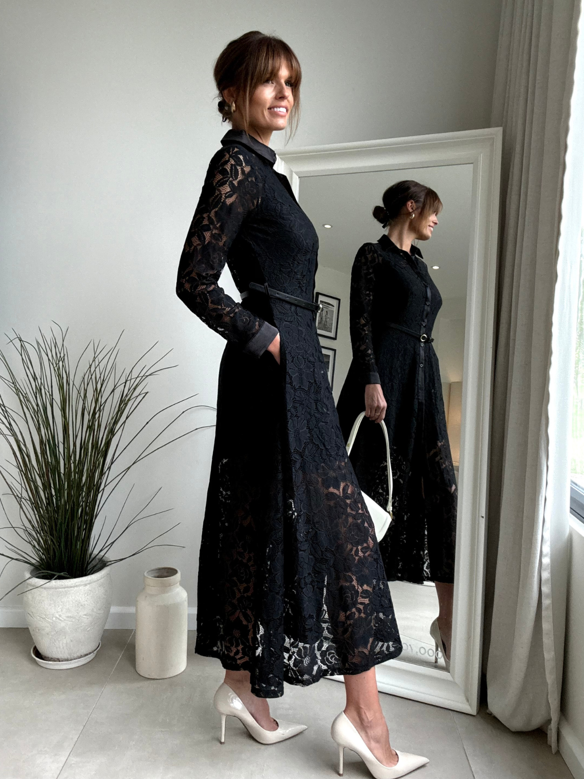 Daphne Belted Shirt Dress / Black Lace