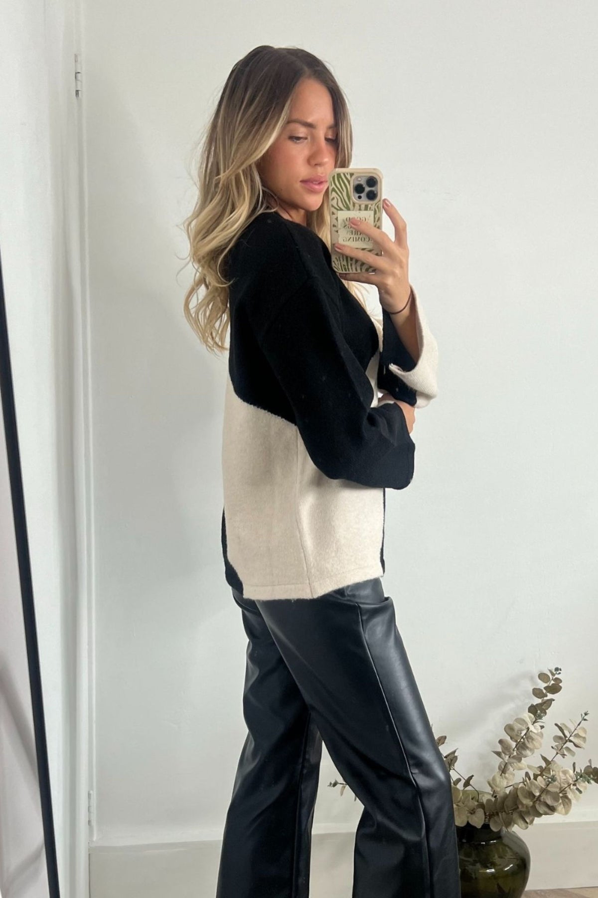 Odette Brushed Wool Colourblock Jumper in Stone & Black