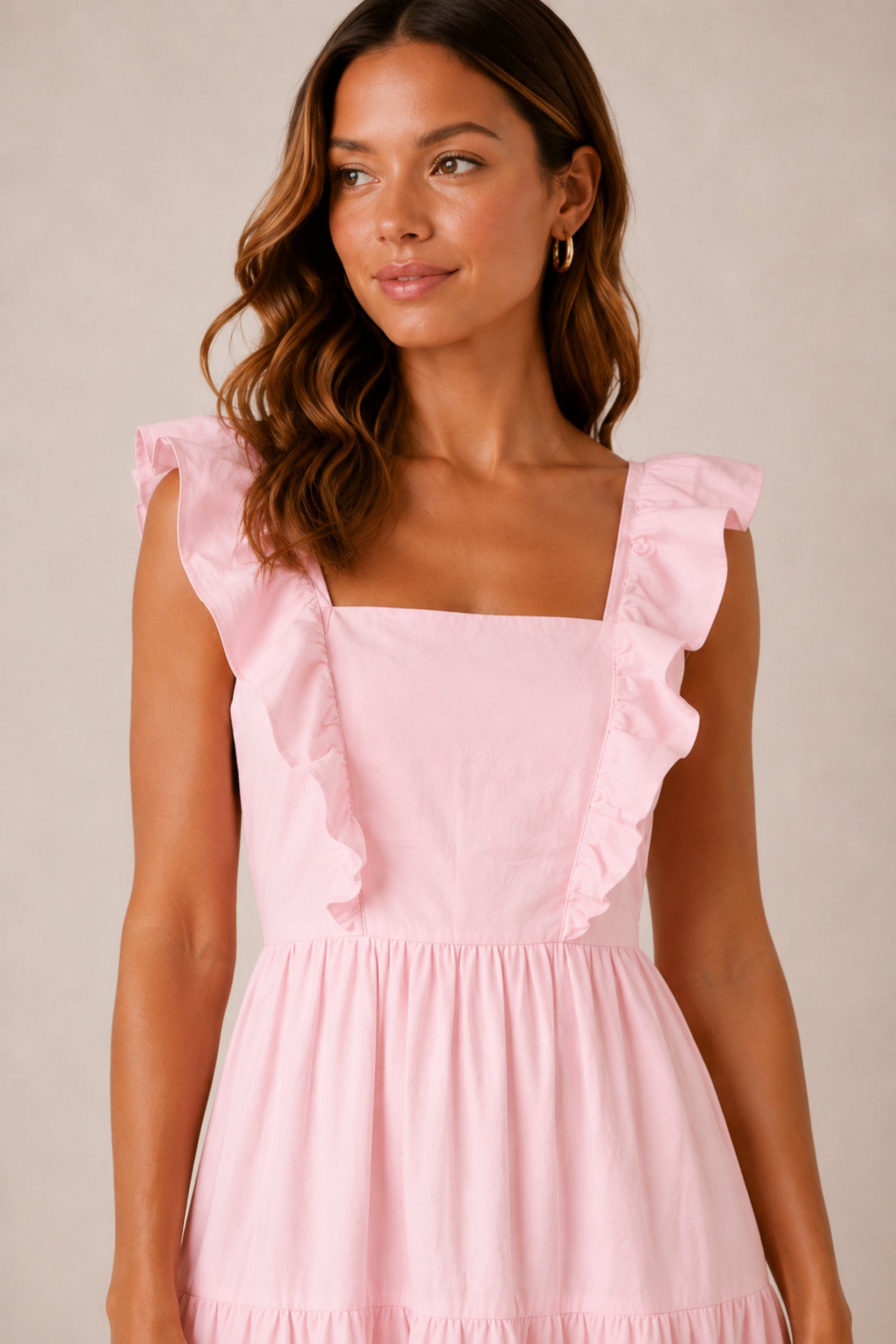 Mollie Cotton Ruffle Tiered Midi Dress /  Pink
