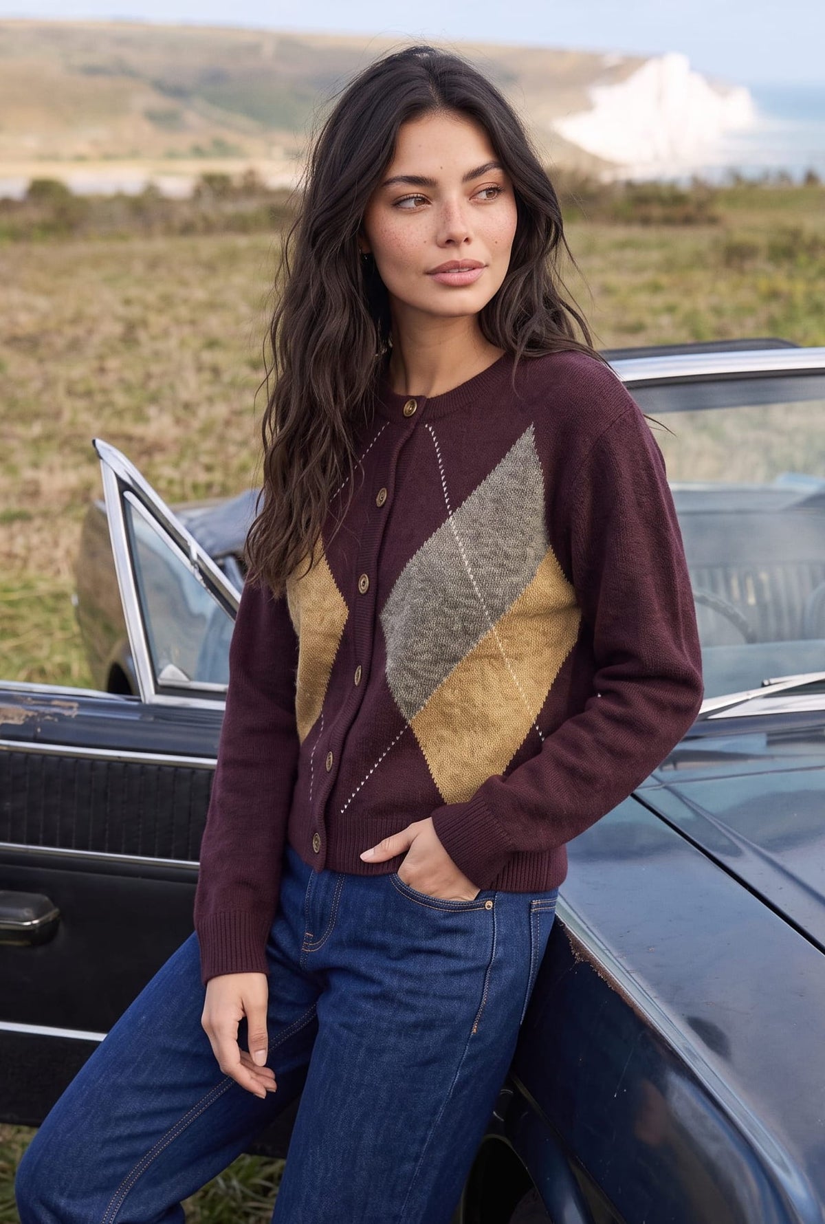 Dark Plum Argyle Knit Cardigan