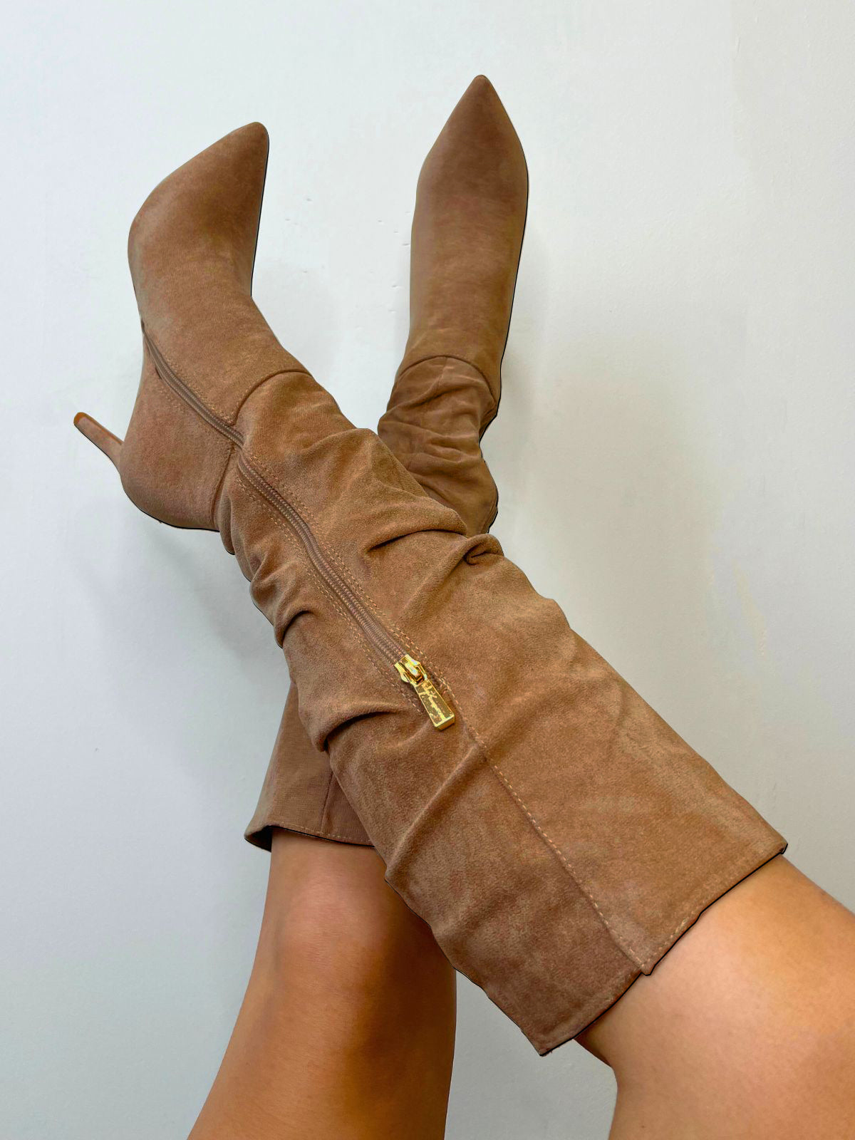 Stacey Ruched Suedette Knee High Boots in Tan