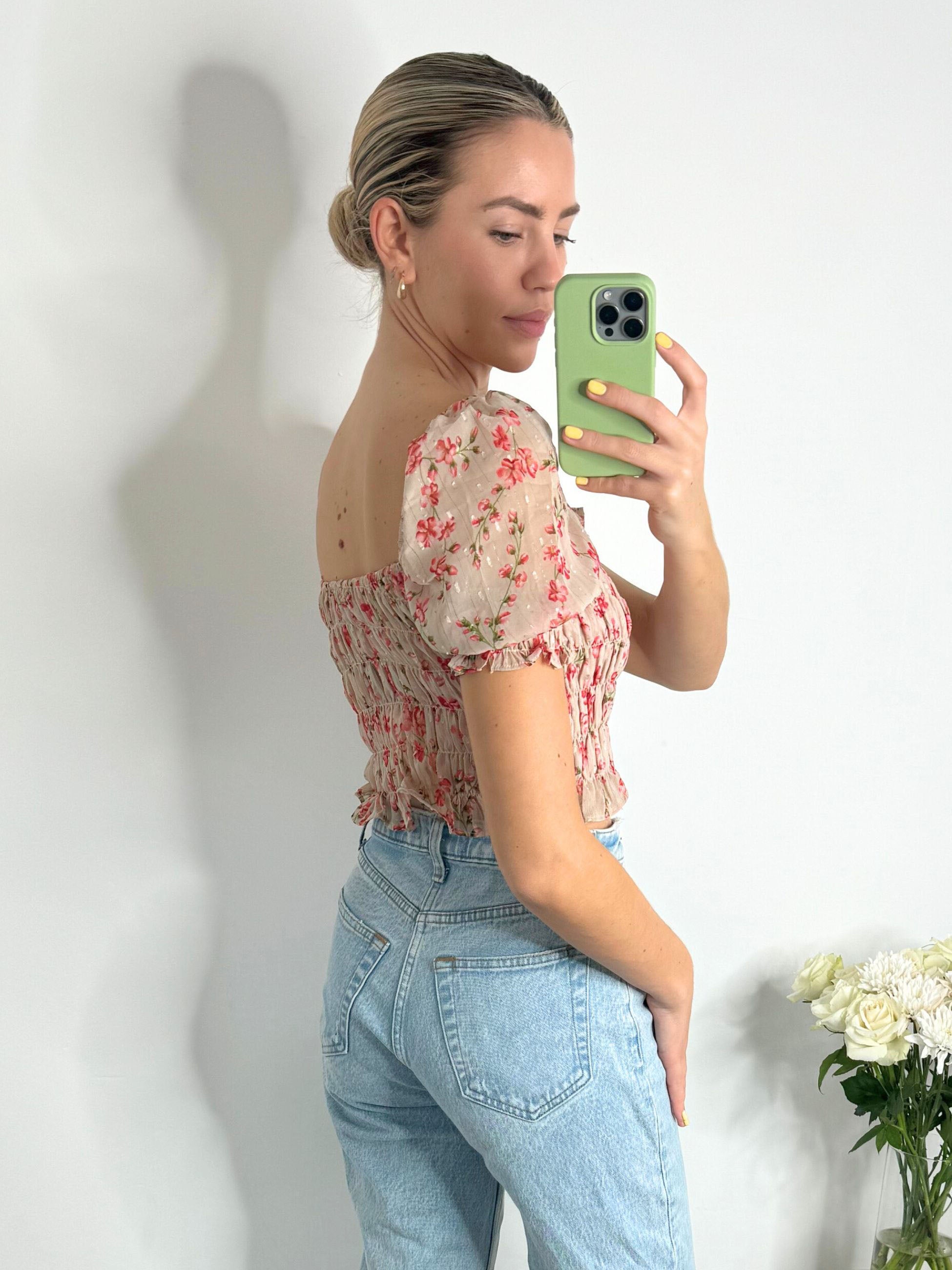 Flo Puff Sleeve Shirred Crop Top in Floral