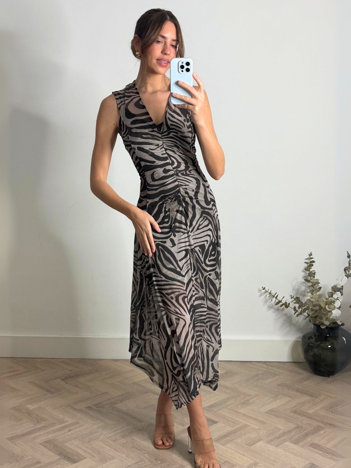 Senna V Neck Ruched Mesh Dress in Zebra