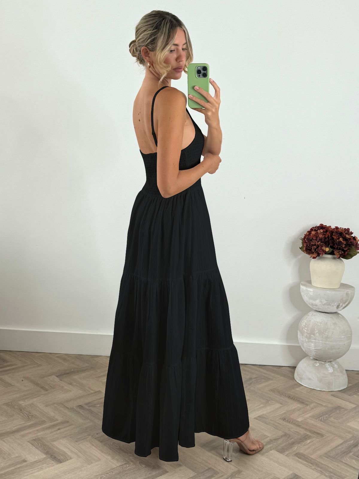 Melissa Shirred Maxi Dress in Black