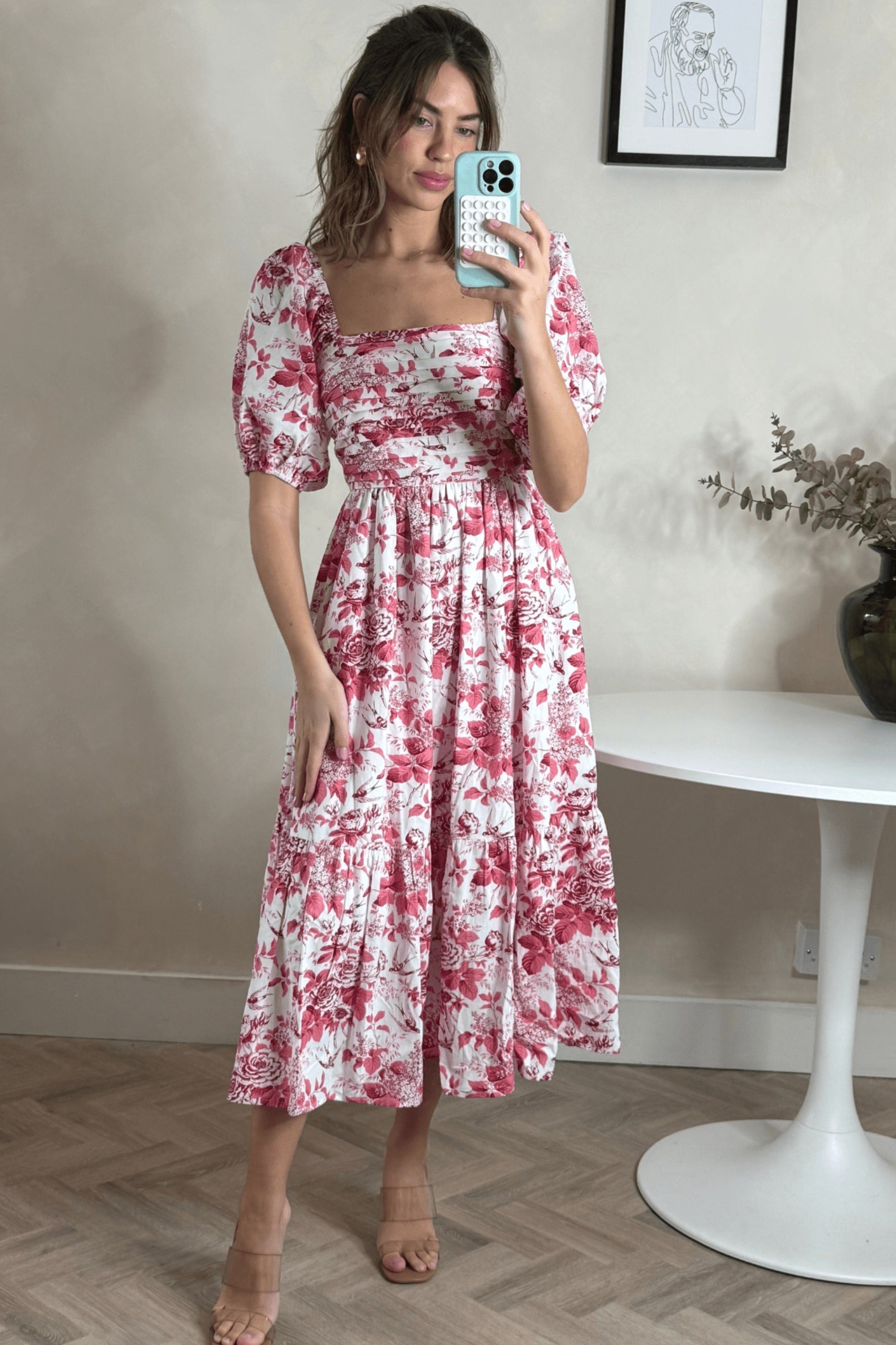 Leighton Puff Sleeve Midi Dress in Pink Floral - Style Cheat