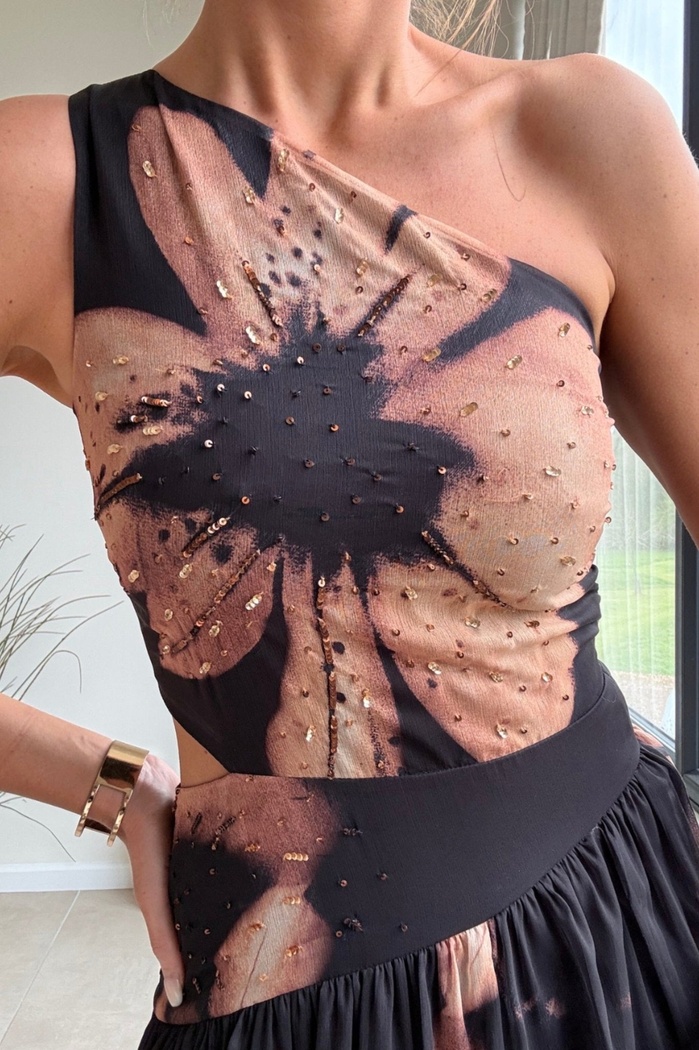 Jasmine Embellished Cut Out One Shoulder Dress in black and brown - Style Cheat