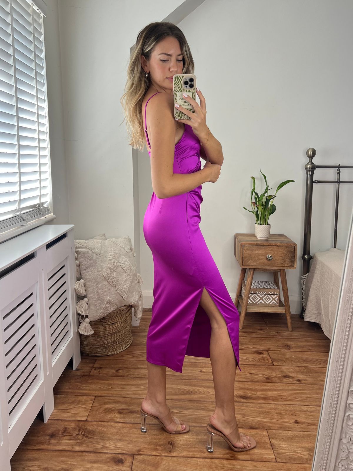 Vera Satin Drape Midi Dress in Purple