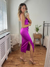 Purple Satin Midi Dress | Vera Drape Dress in Purple
