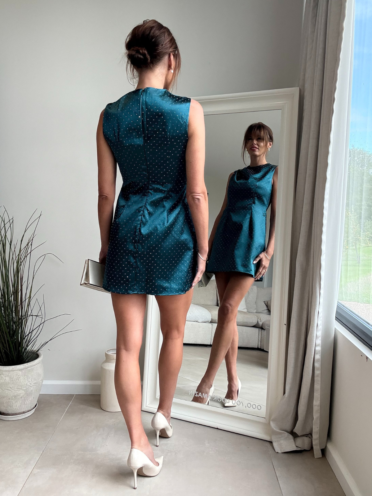 Hotfix Satin Mini Dress in Green