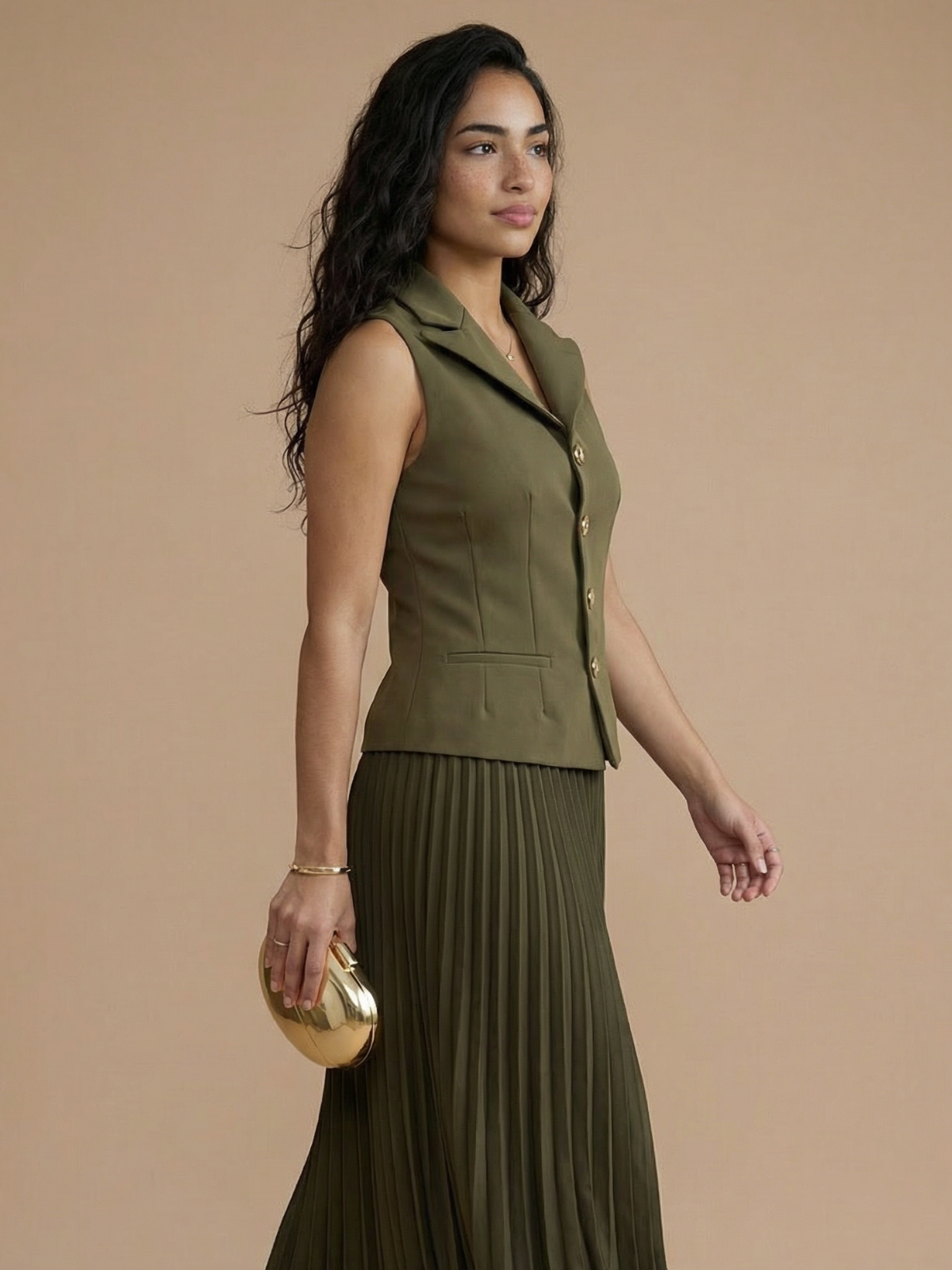 Orlaith Button Pleat Blazer Dress / Khaki