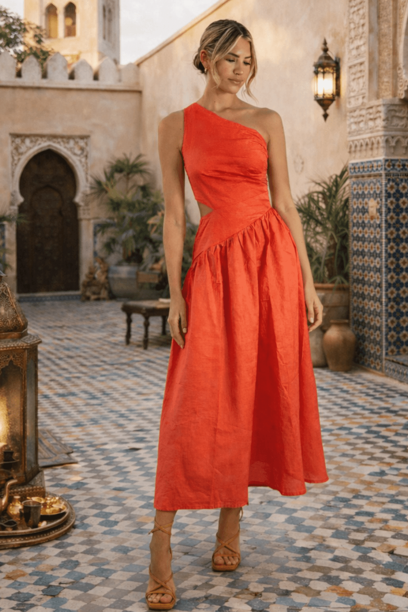 Jasmine Cut Out One Shoulder Dress in Coral