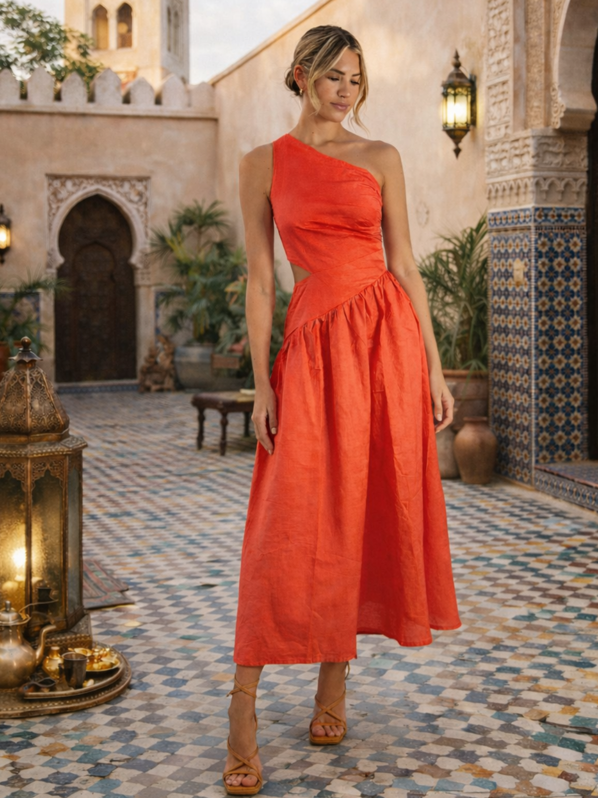 Jasmine Cut Out One Shoulder Dress in Coral