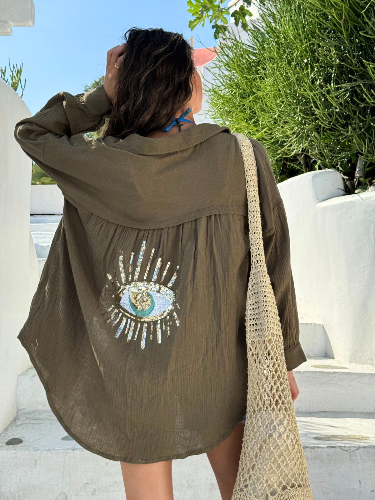 Khaki Beach Shirt | Cleo Eye Sequin Back Shirt 