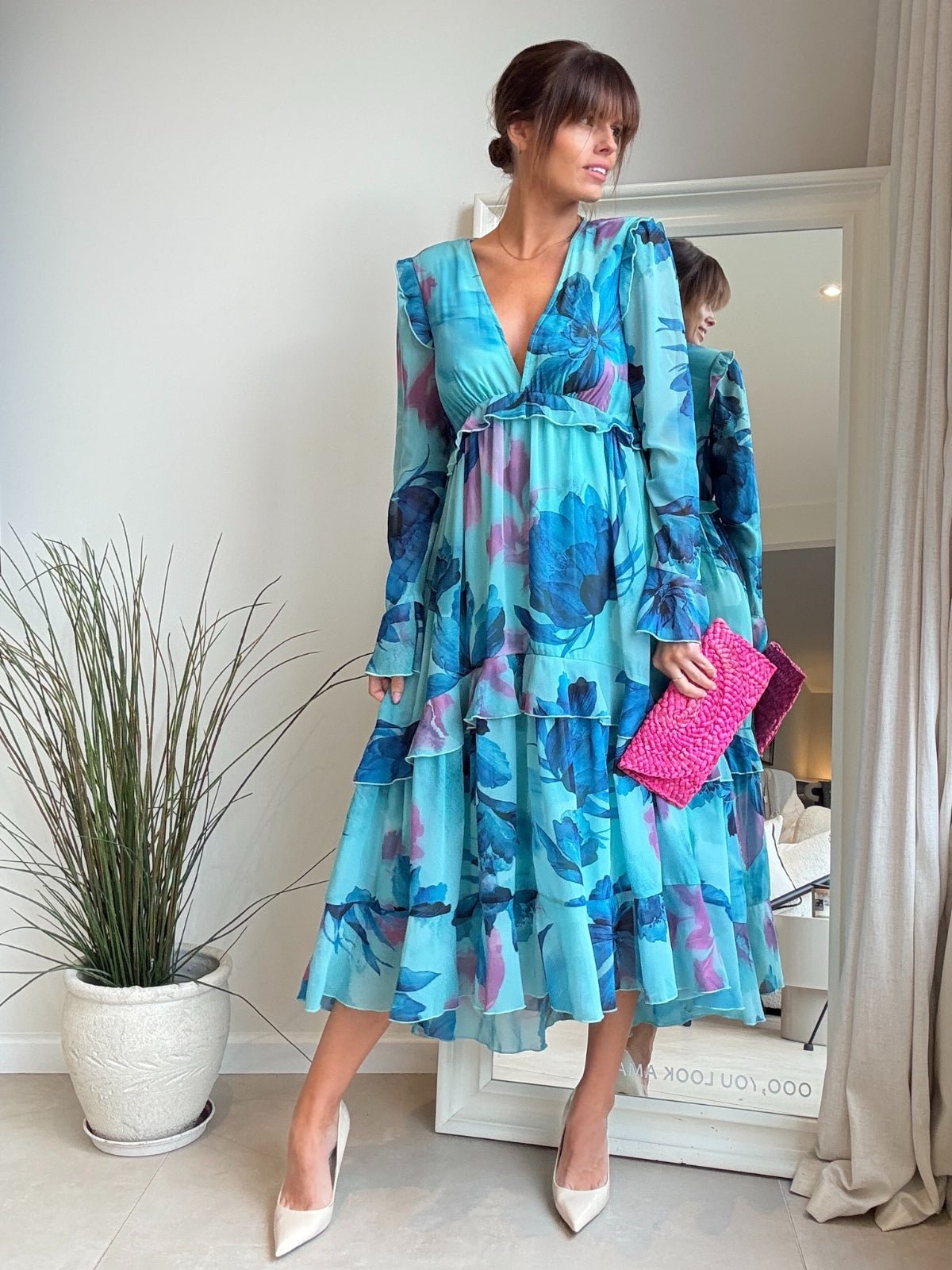 Birdie Frill Tie Back Dress / Blue Floral