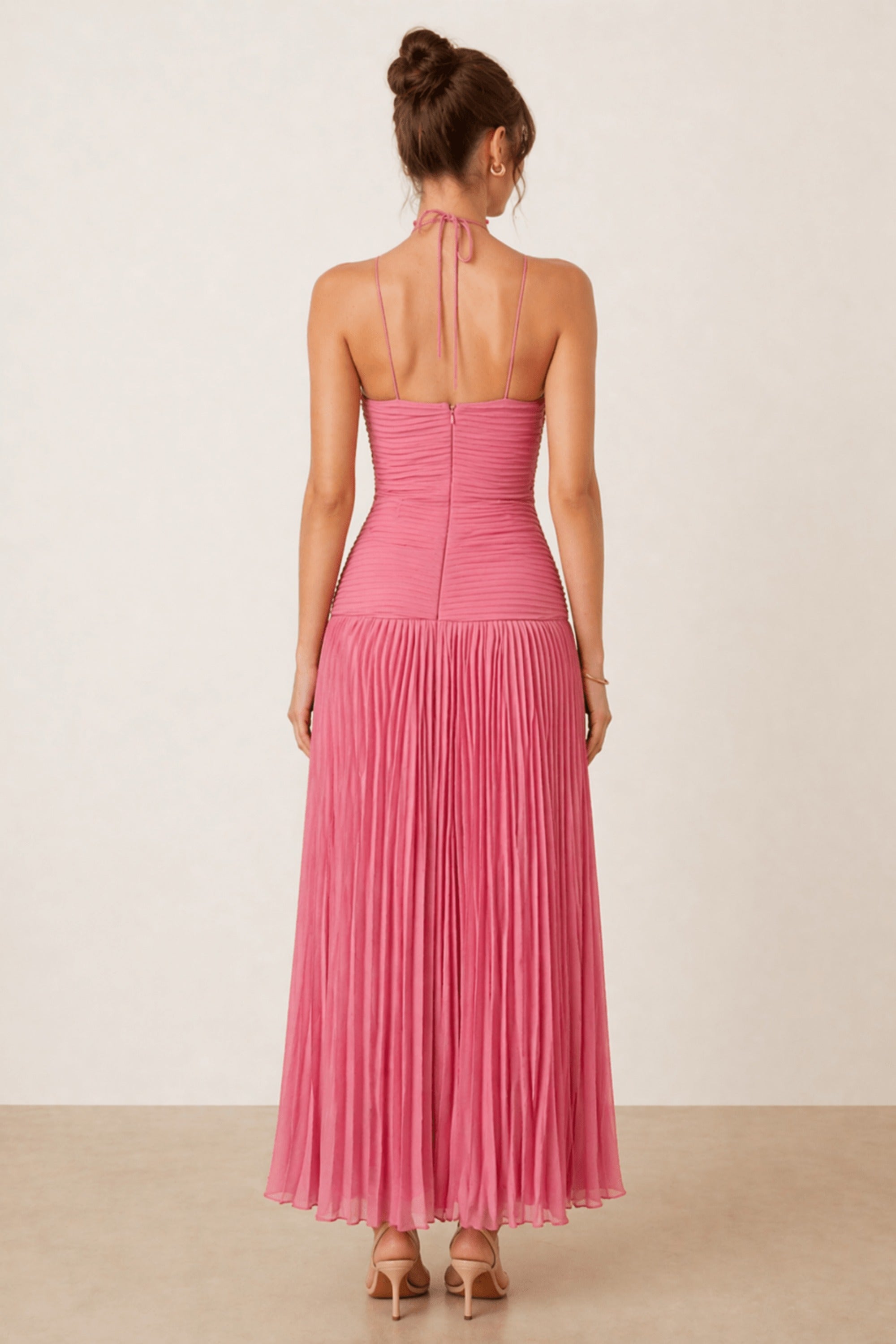 Pink Pleated Halter Maxi Dress - Style Cheat