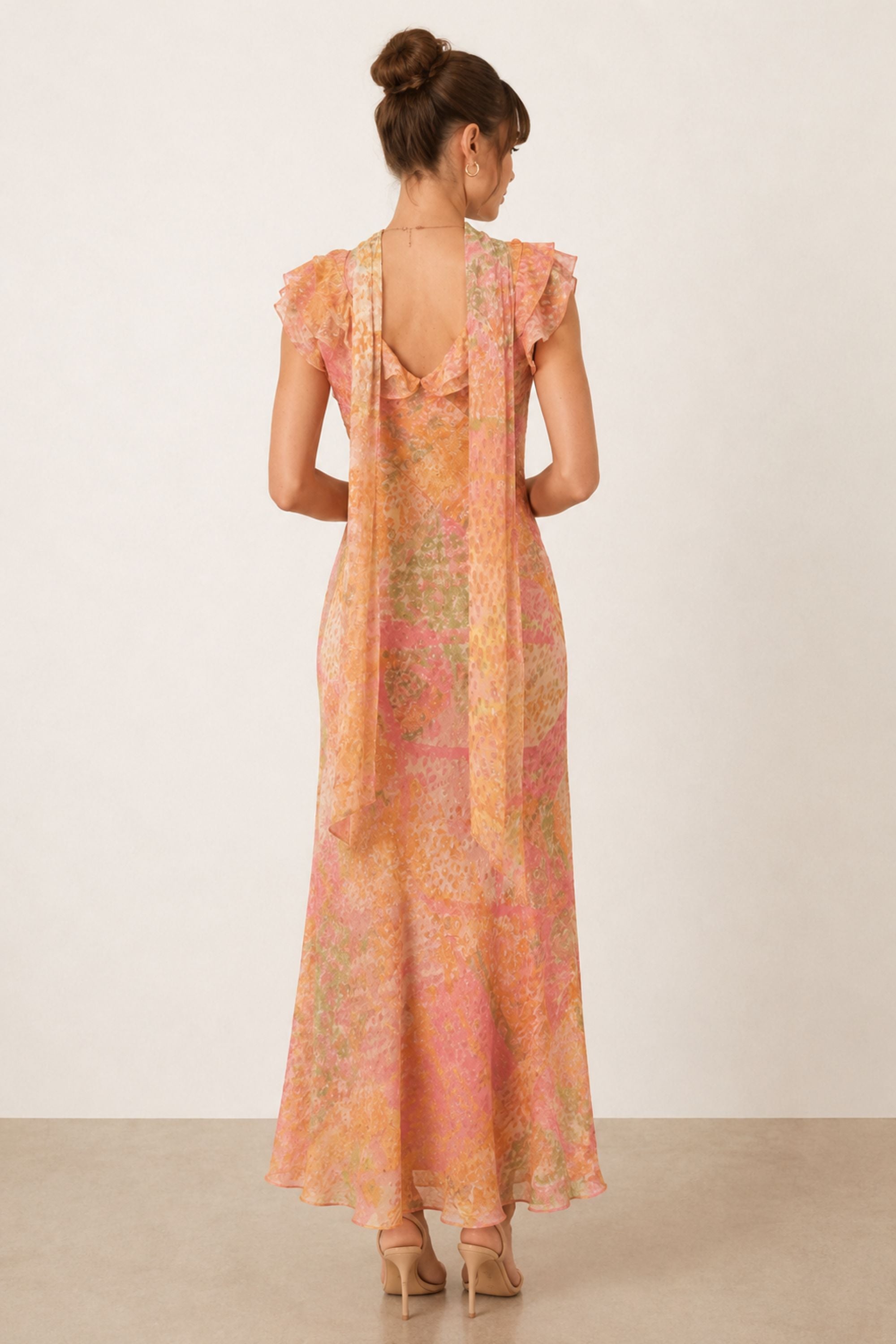 Ruffle Lurex Maxi Dress in Coral
