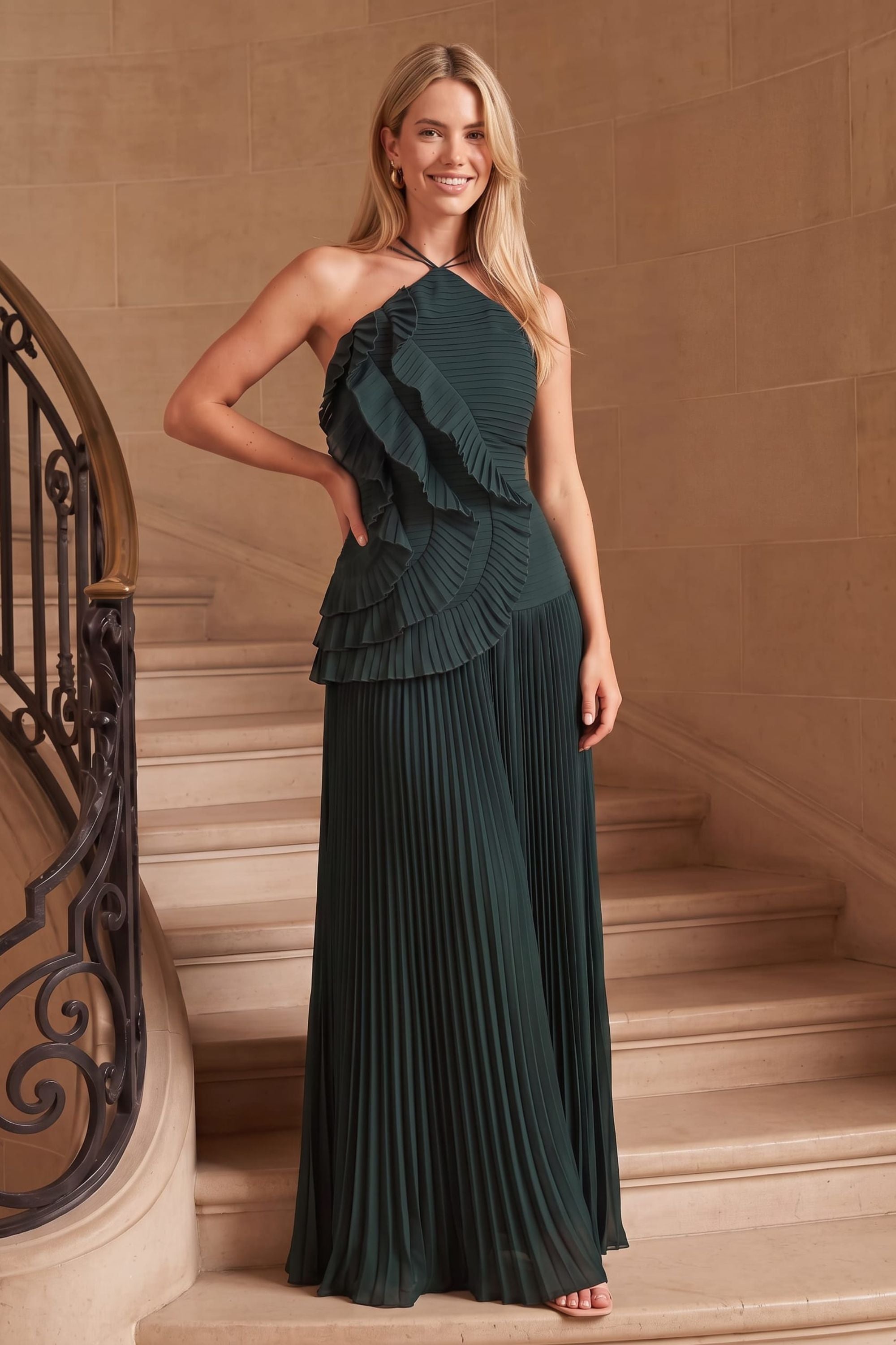 Pleated halter tie dress in Emerald green