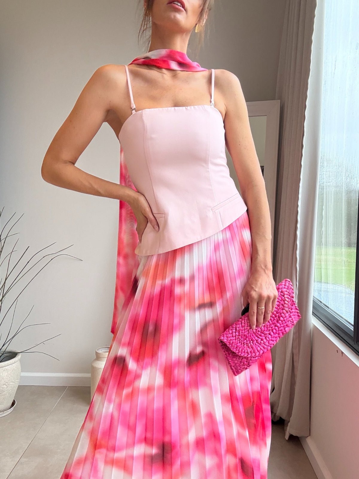 Viola Scarf Bandeau Pleat Dress in Pink - Style Cheat