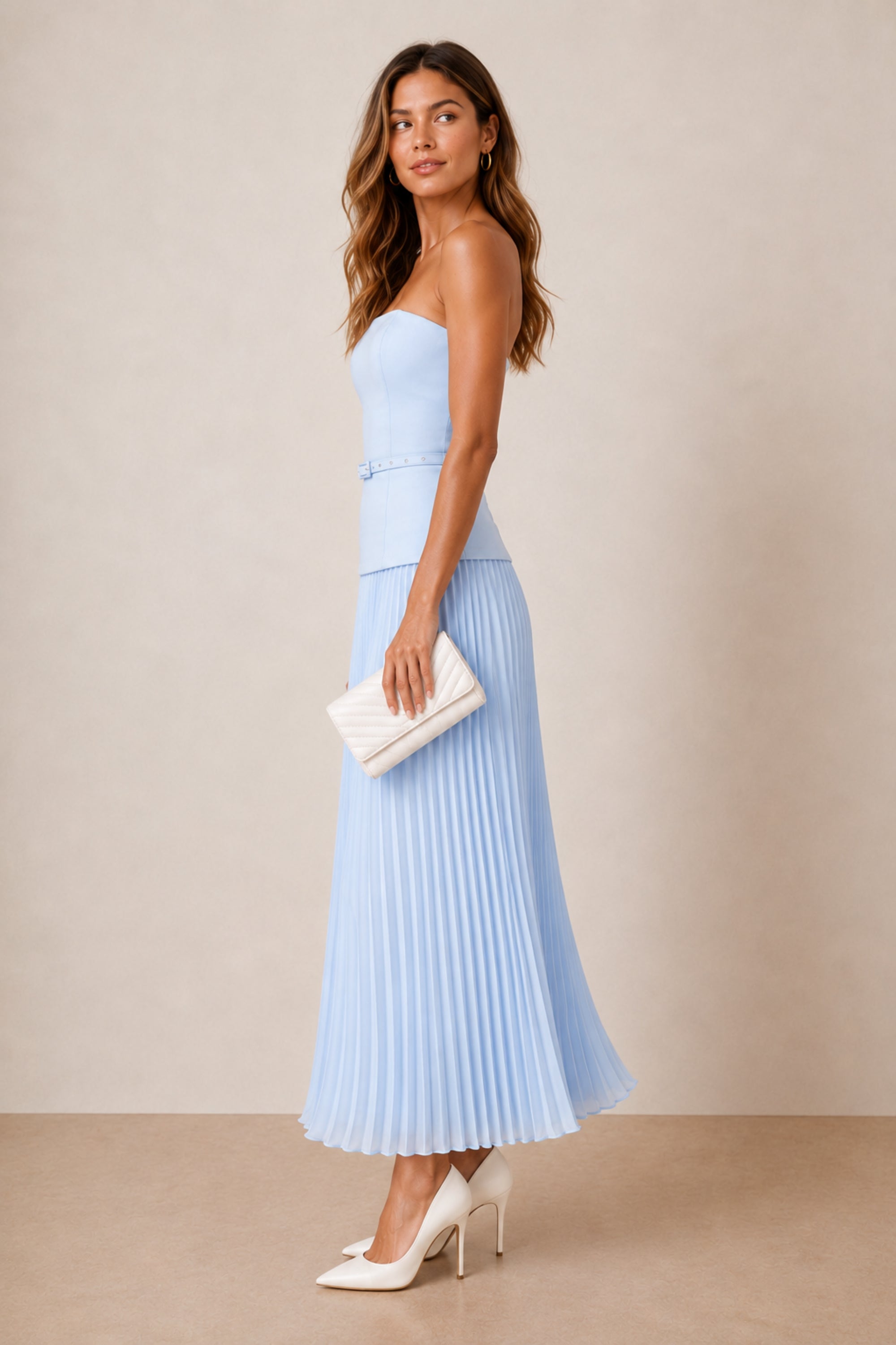 Anna Bandeau Pleat Dress in Baby Blue