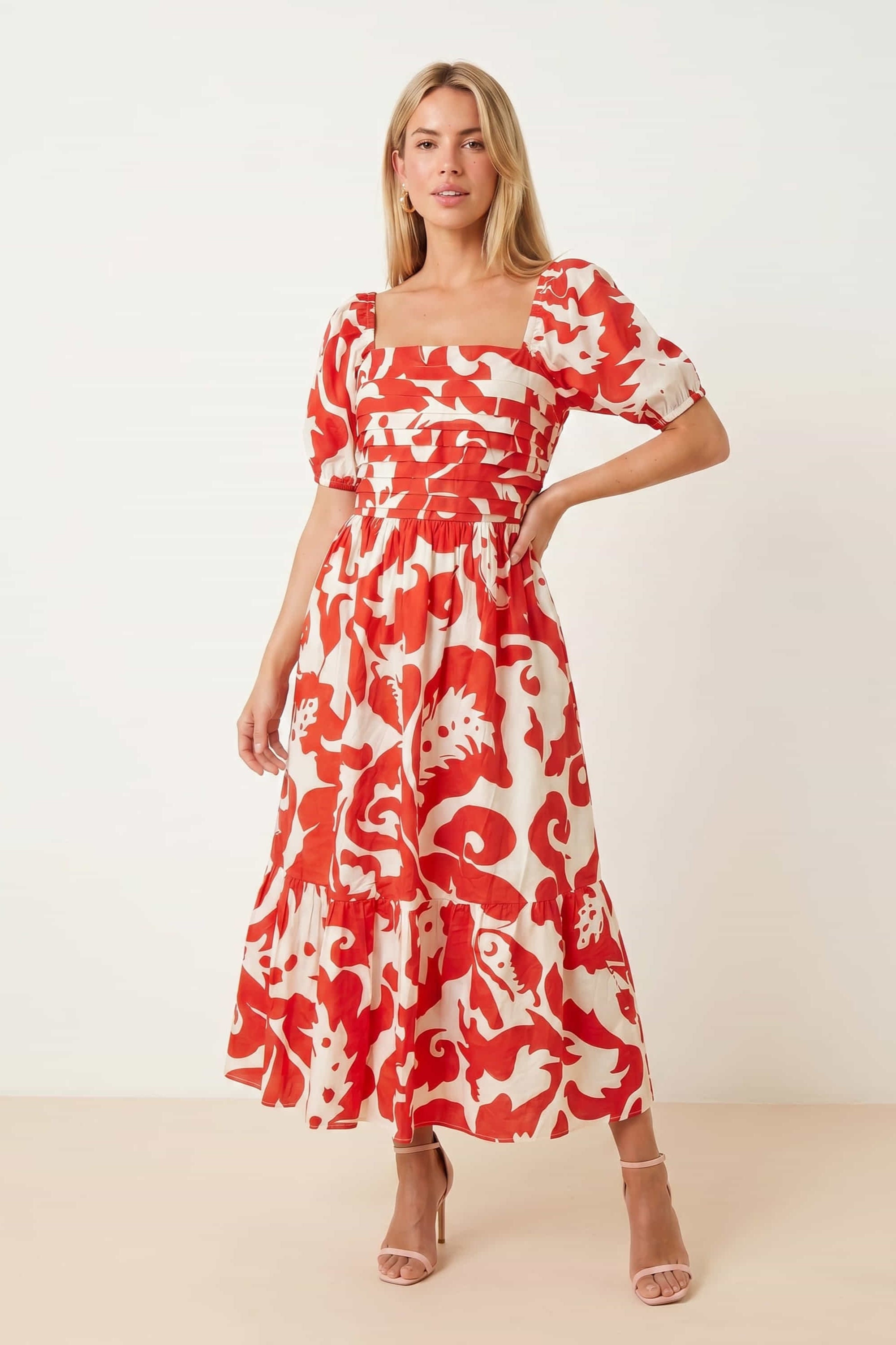 Leighton Puff Sleeve Abstract Dress in red