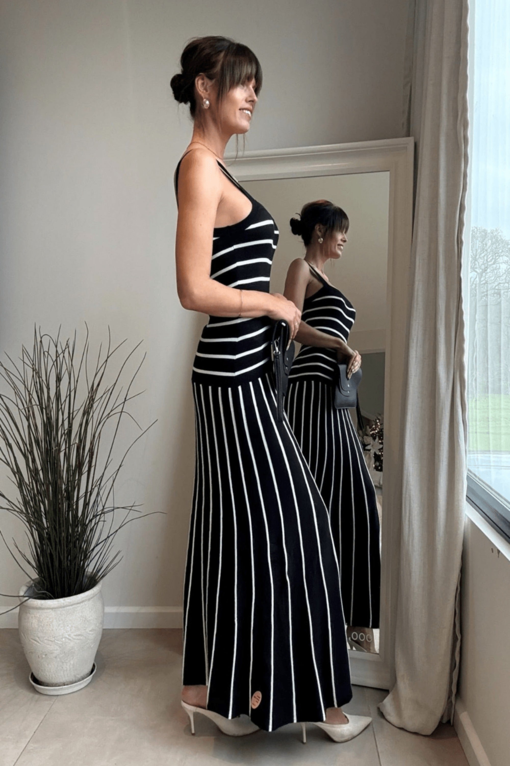 Black and White Stripe Knitted Midi Dress - Style Cheat